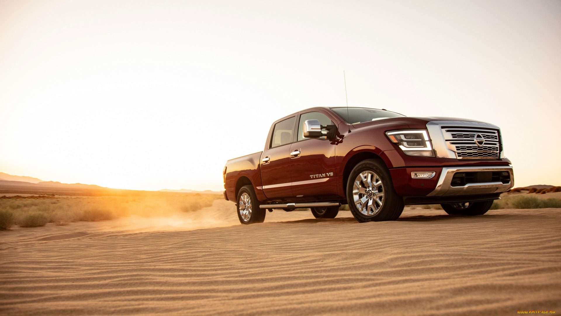 2020, nissan, titan, автомобили, nissan, datsun, новый, красный, вид, спереди, 2020, экстерьер, titan, пустыня, песчаные, дюны, sl