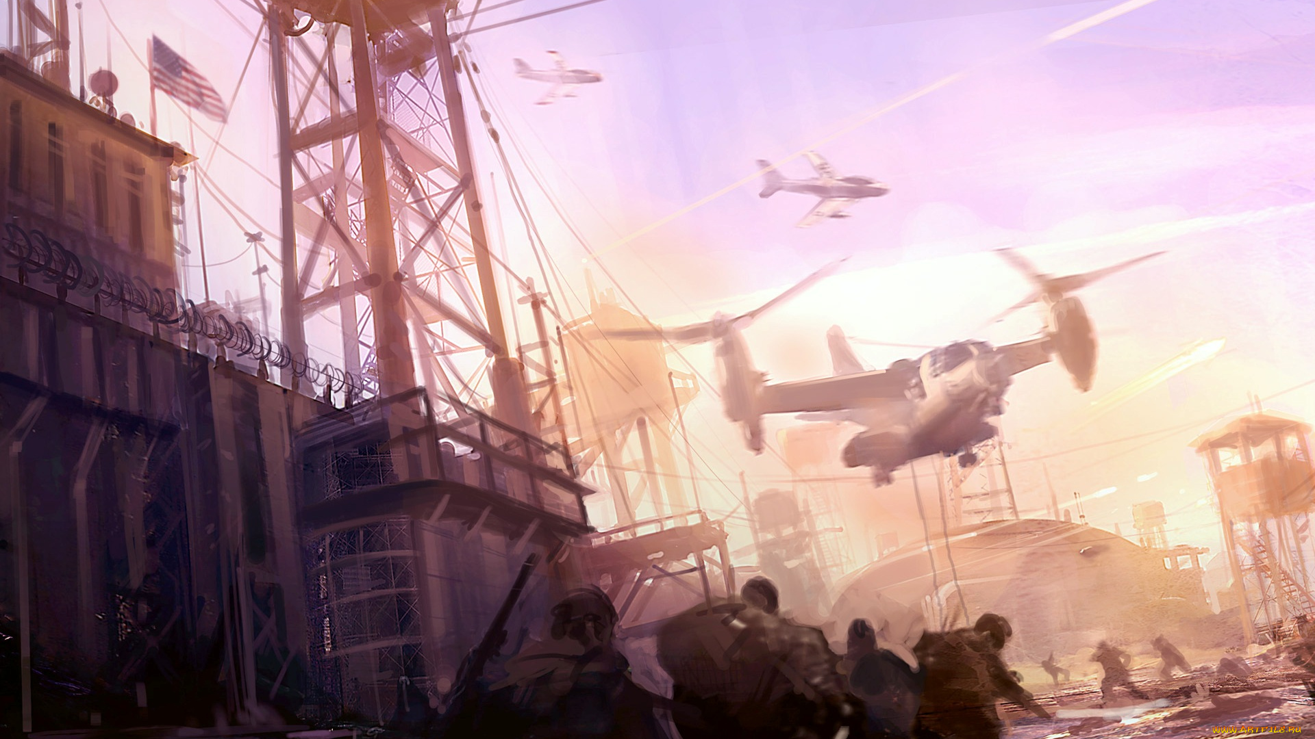 видео, игры, resistance, 2, вышки, люди, самолеты, стена, флаг