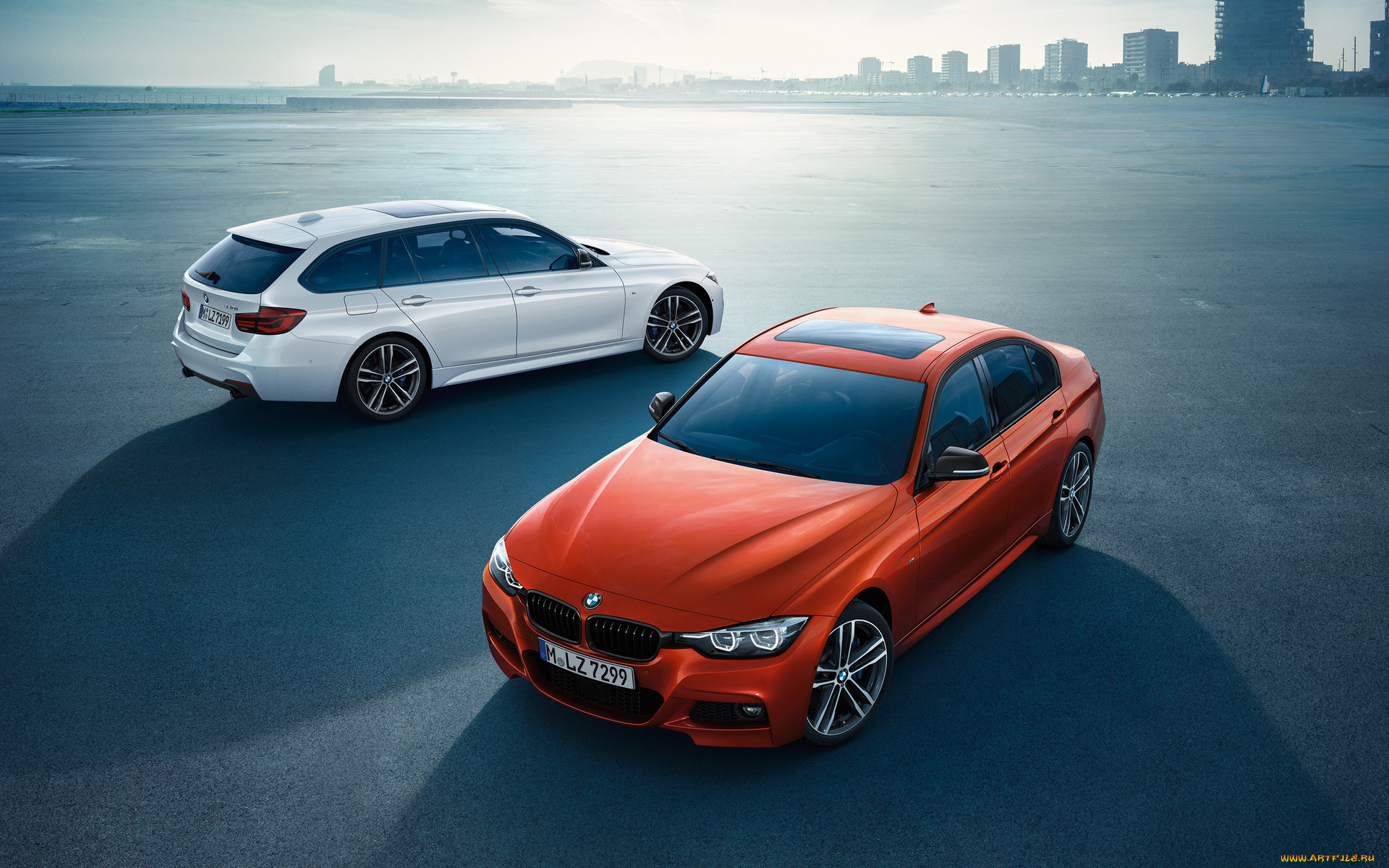 автомобили, bmw, площадка, белый, бмв, оранжевый, 3, здания