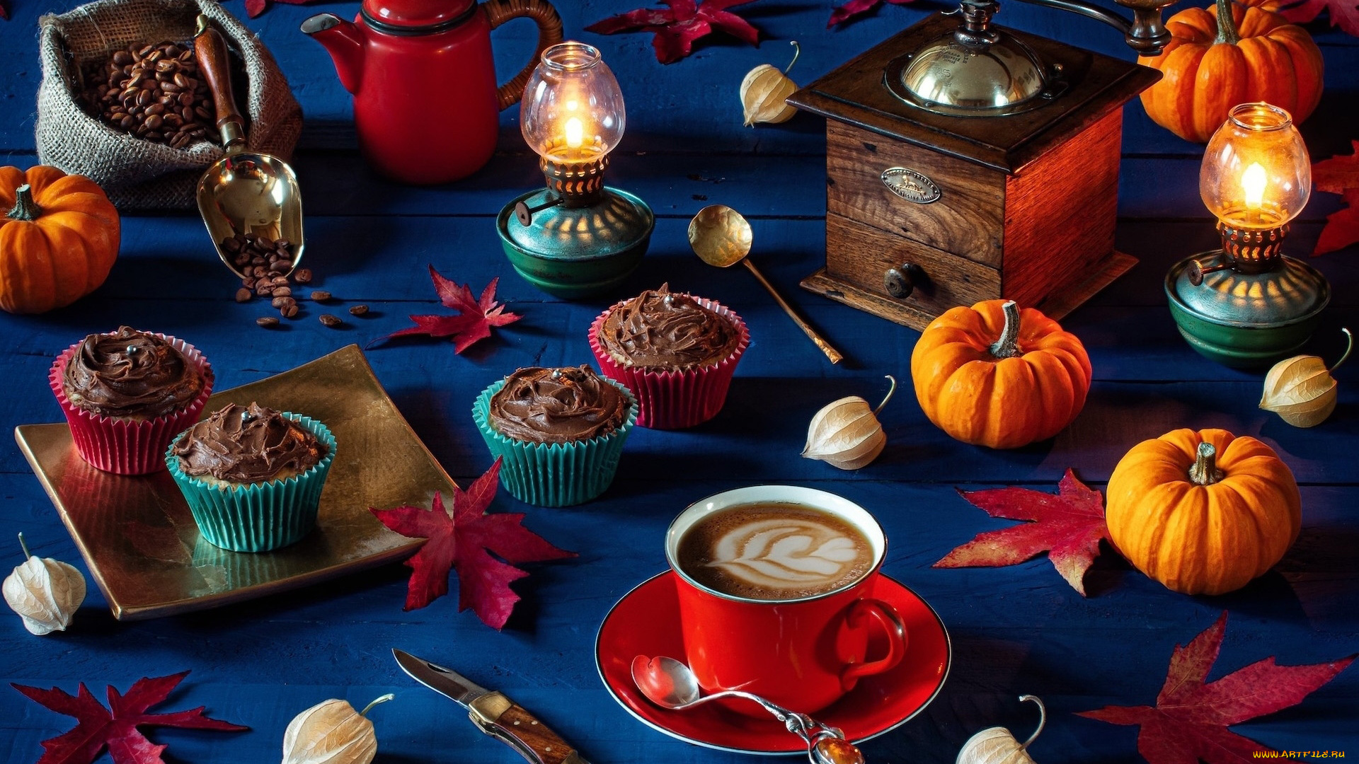 еда, кофе, , кофейные, зёрна, кофемолка, зерна, кексы, композиция, осенняя