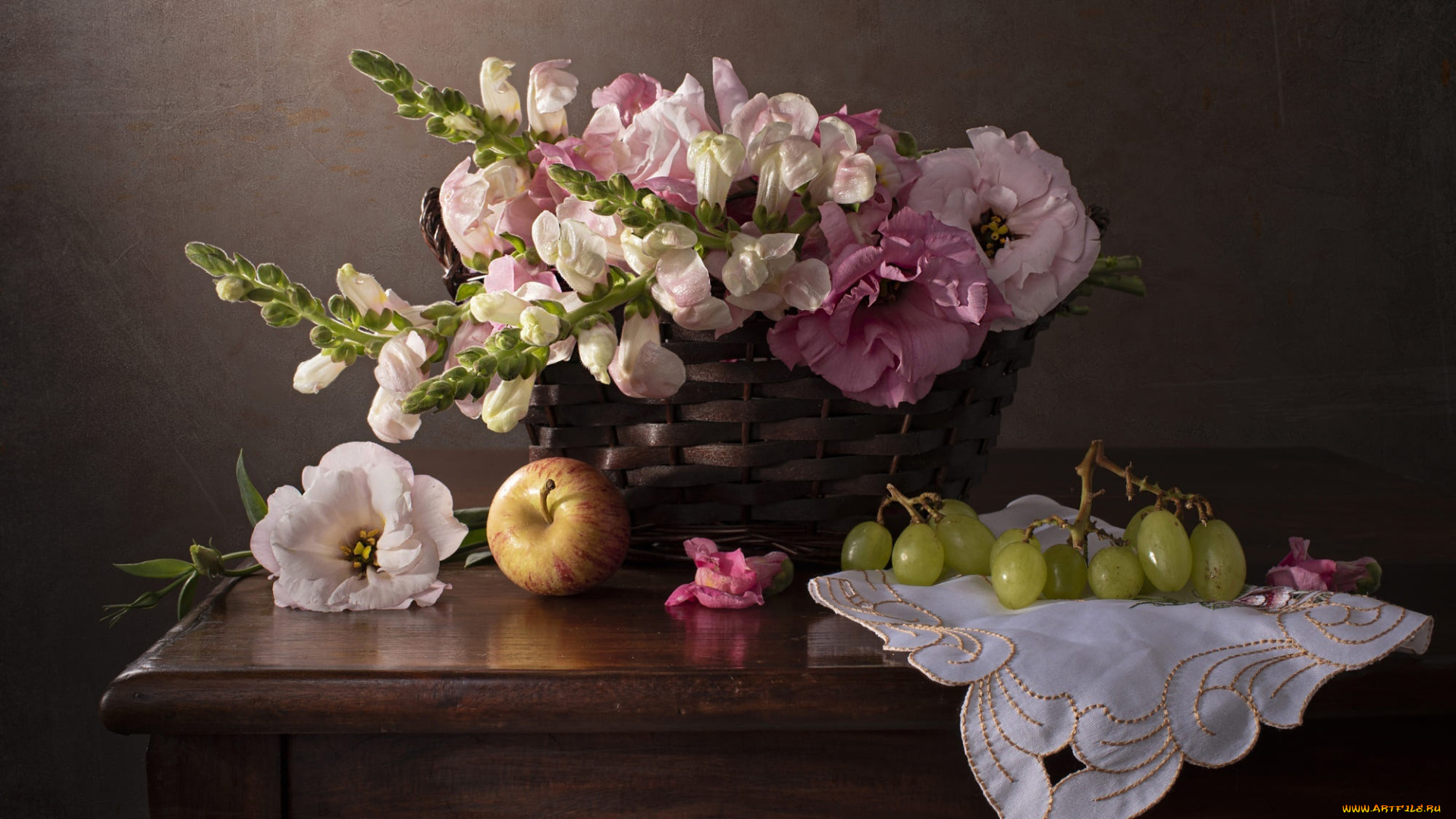 еда, натюрморт, букет, яблоко, виноград