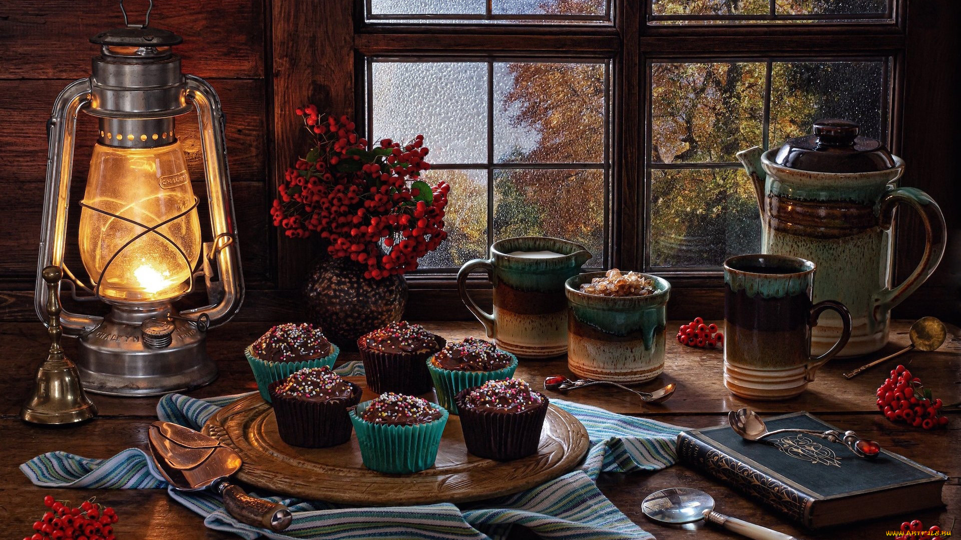 еда, натюрморт, рябина, лампа, книга, кексы