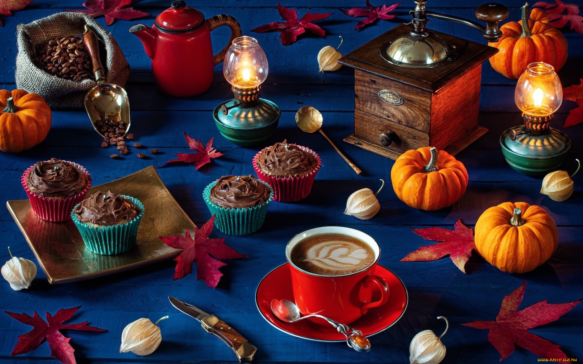 еда, кофе, , кофейные, зёрна, кофемолка, зерна, кексы, композиция, осенняя