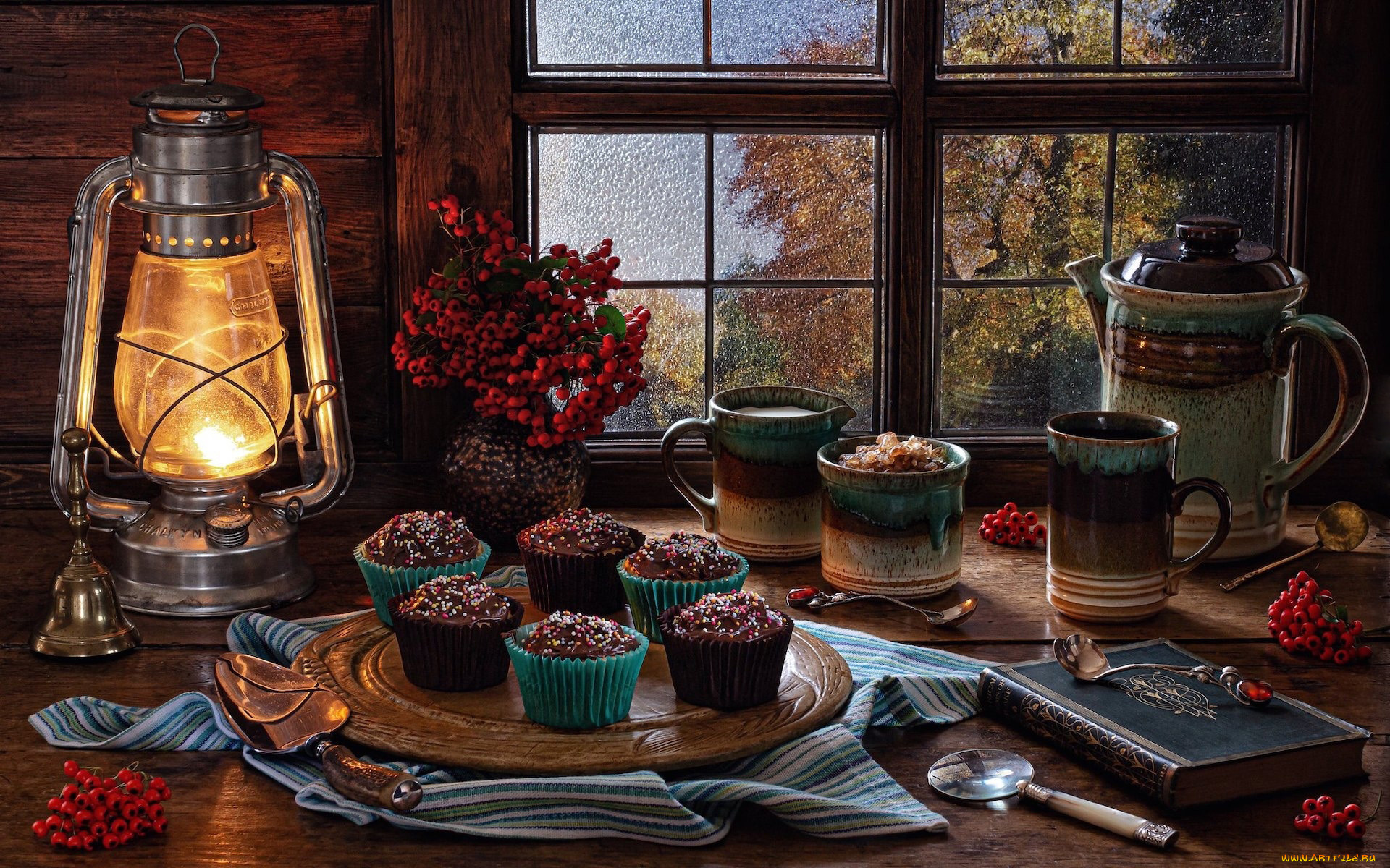 еда, натюрморт, рябина, лампа, книга, кексы