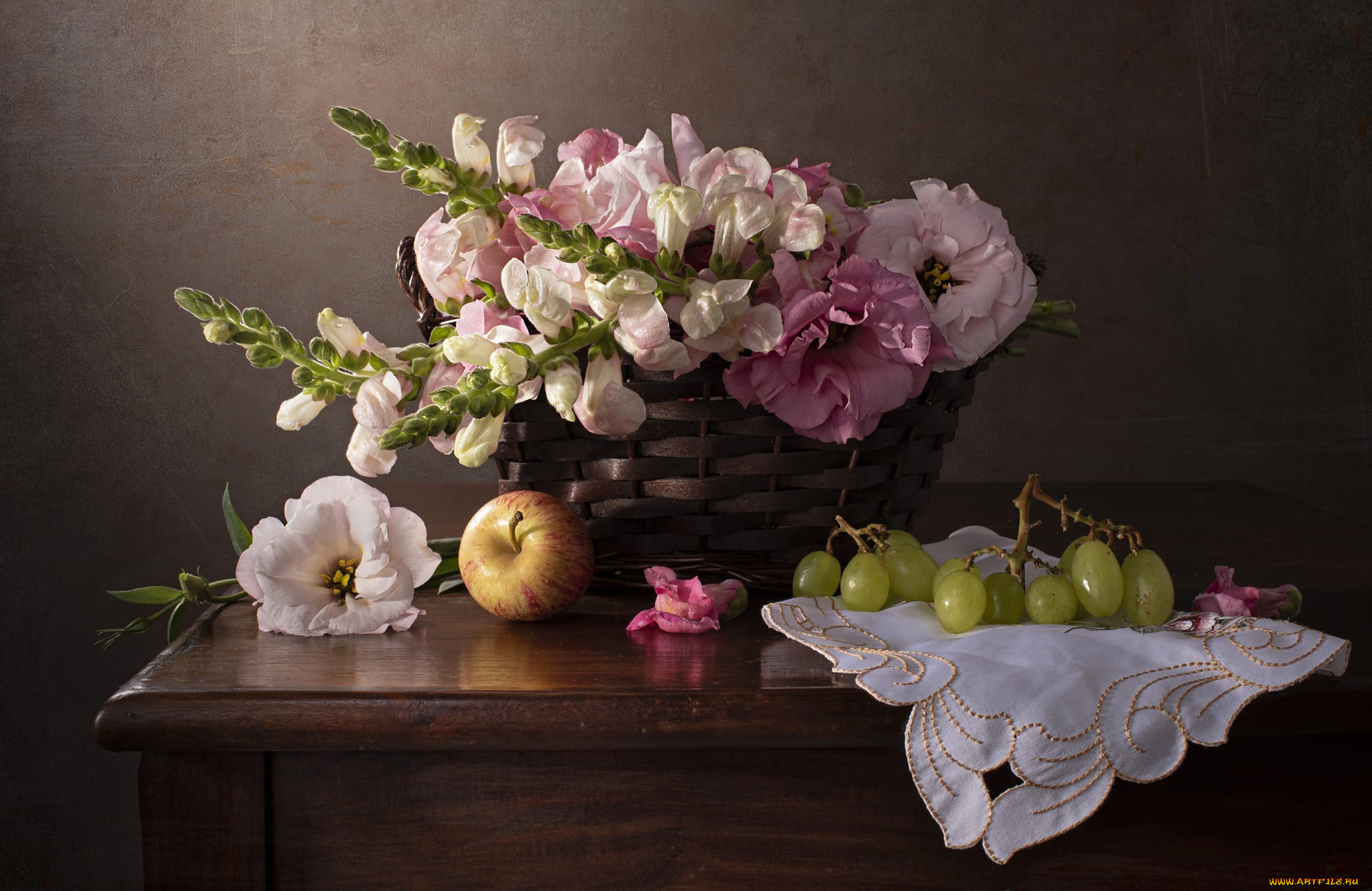 еда, натюрморт, букет, яблоко, виноград