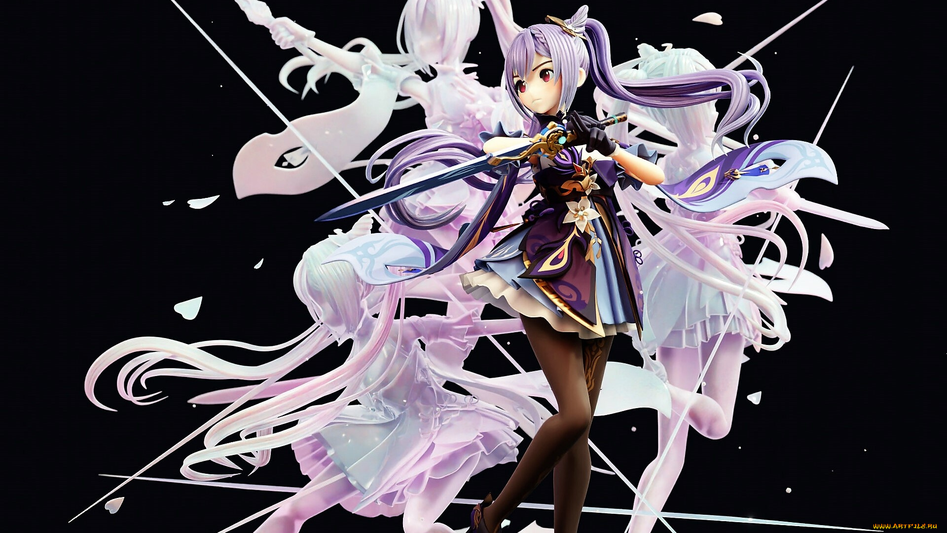 аниме, genshin, impact, девушка, меч, движение