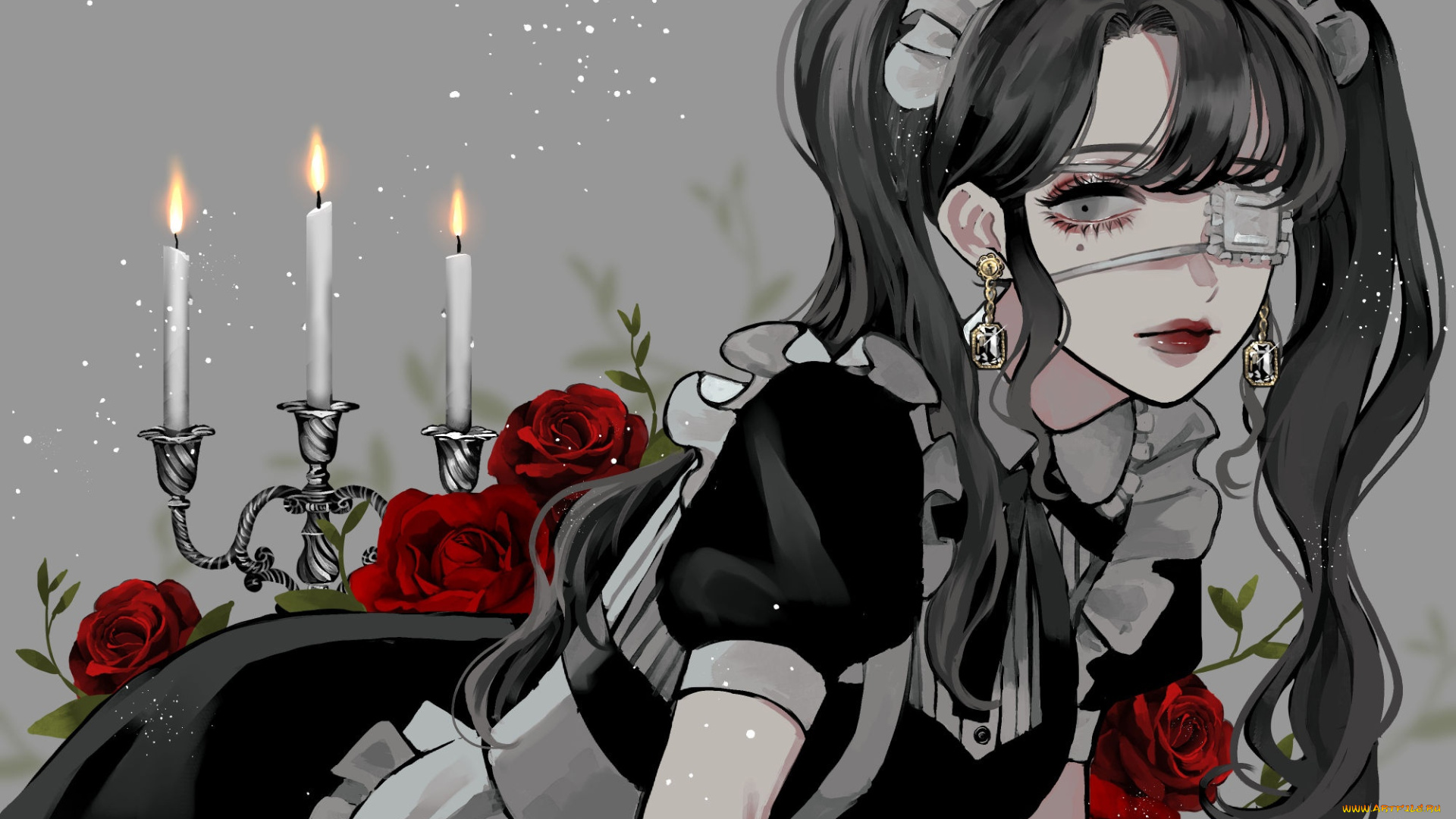 аниме, unknown, , другое, , девушка, горничная, повязка, свечи, розы