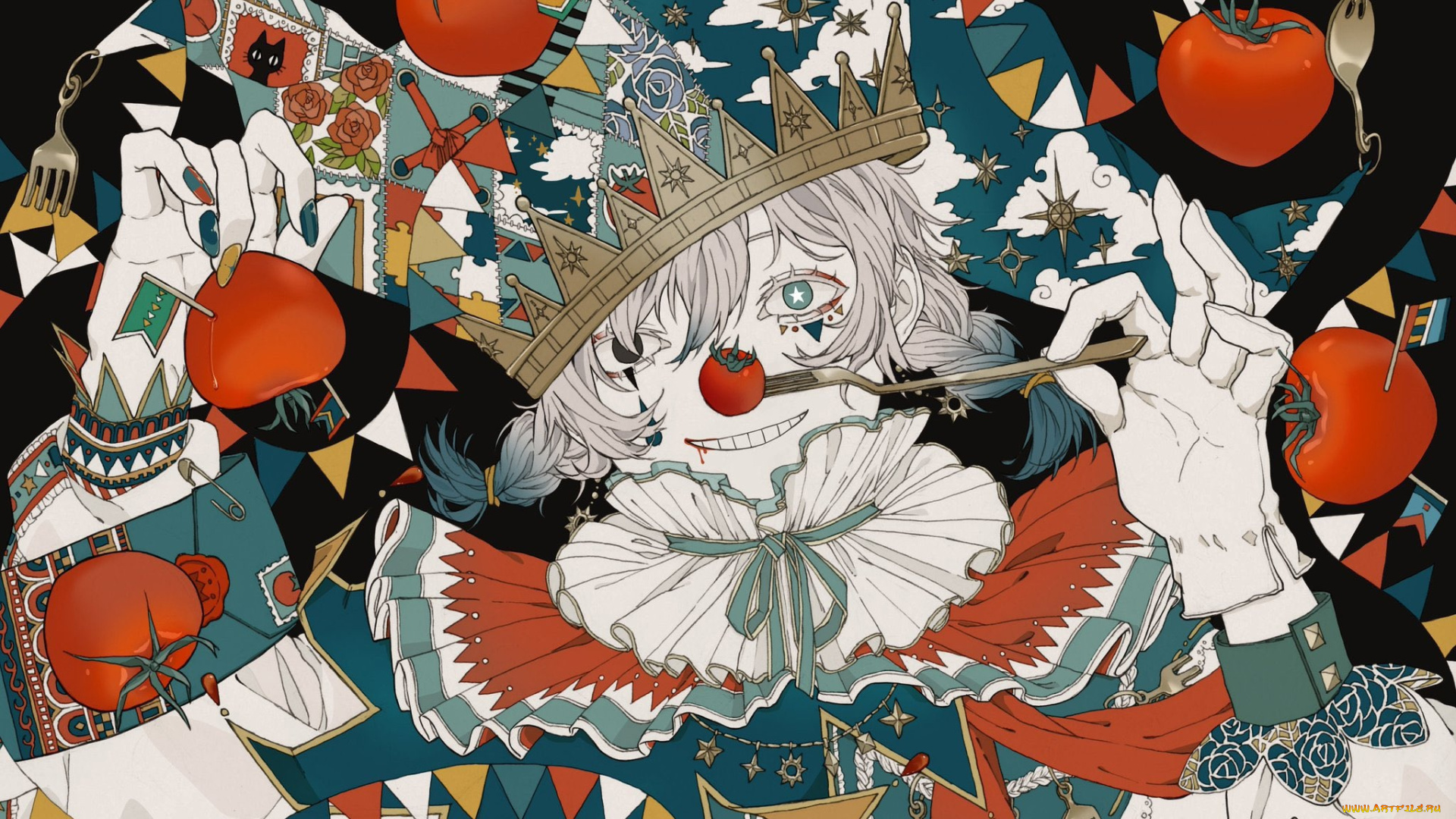 аниме, unknown, , другое, , клоун, помидоры, корона