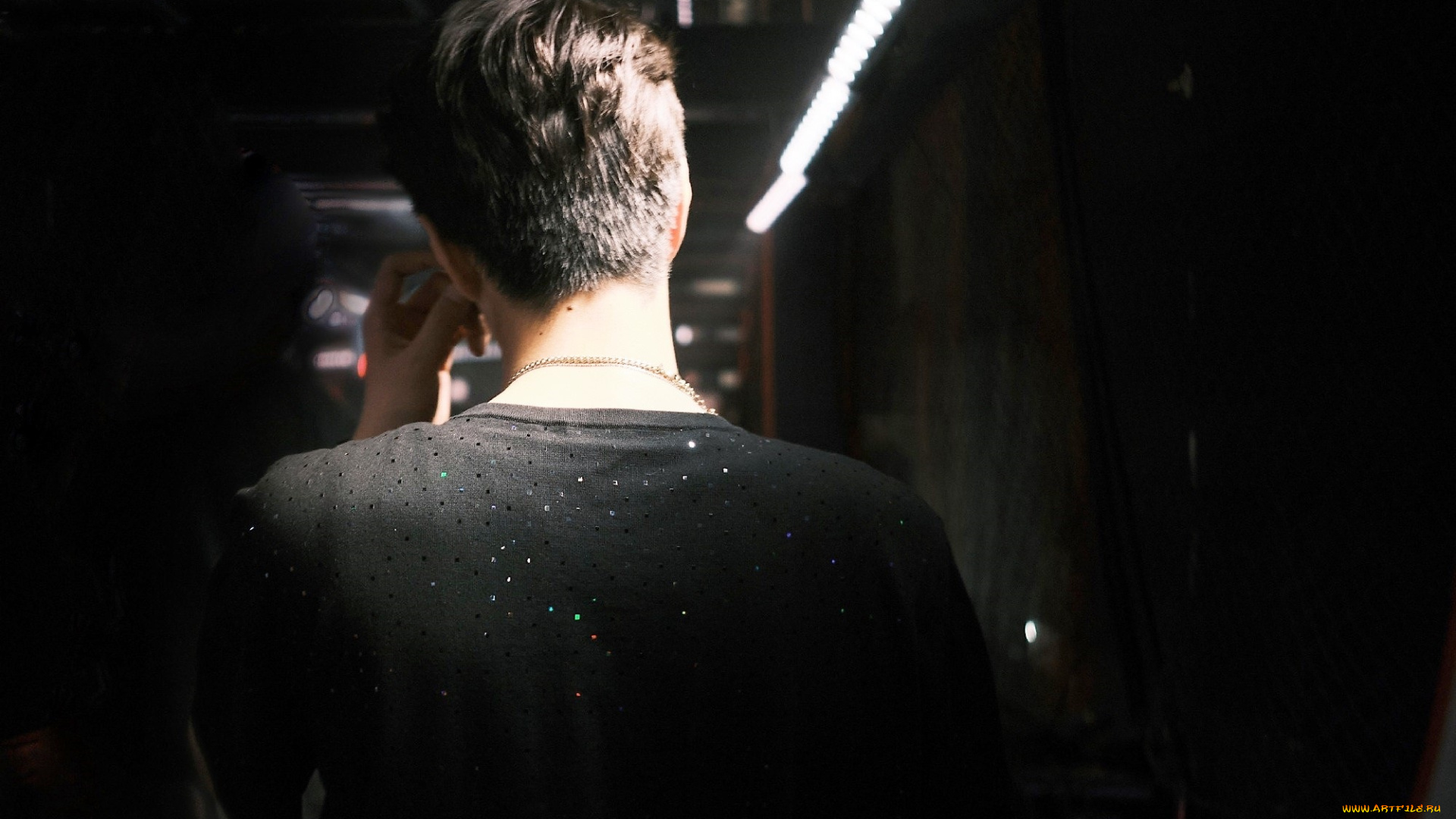 мужчины, wang, yi, bo, спина, футболка, блестки