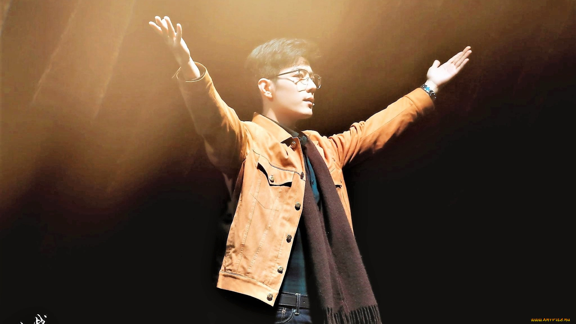 мужчины, xiao, zhan, актер, очки, куртка, шарф, жест