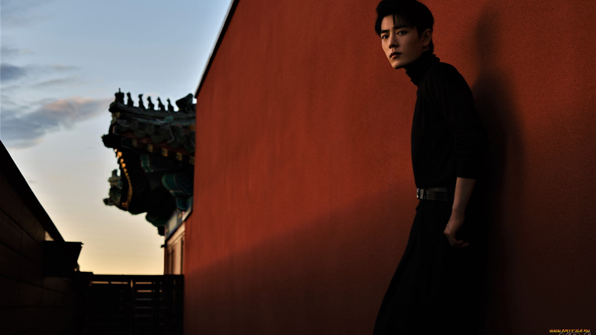 мужчины, xiao, zhan, водолазка, стена, храм