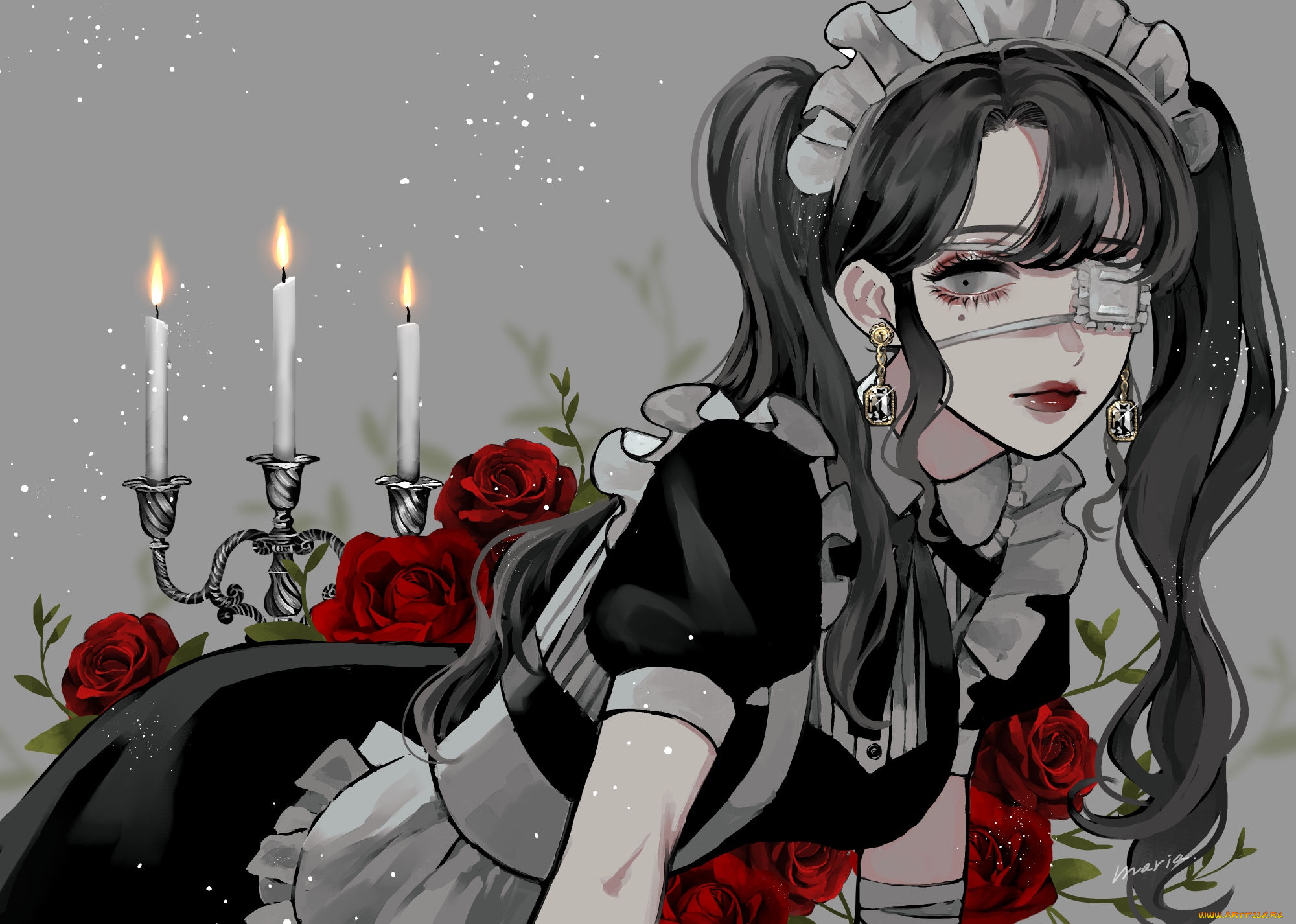 аниме, unknown, , другое, , девушка, горничная, повязка, свечи, розы
