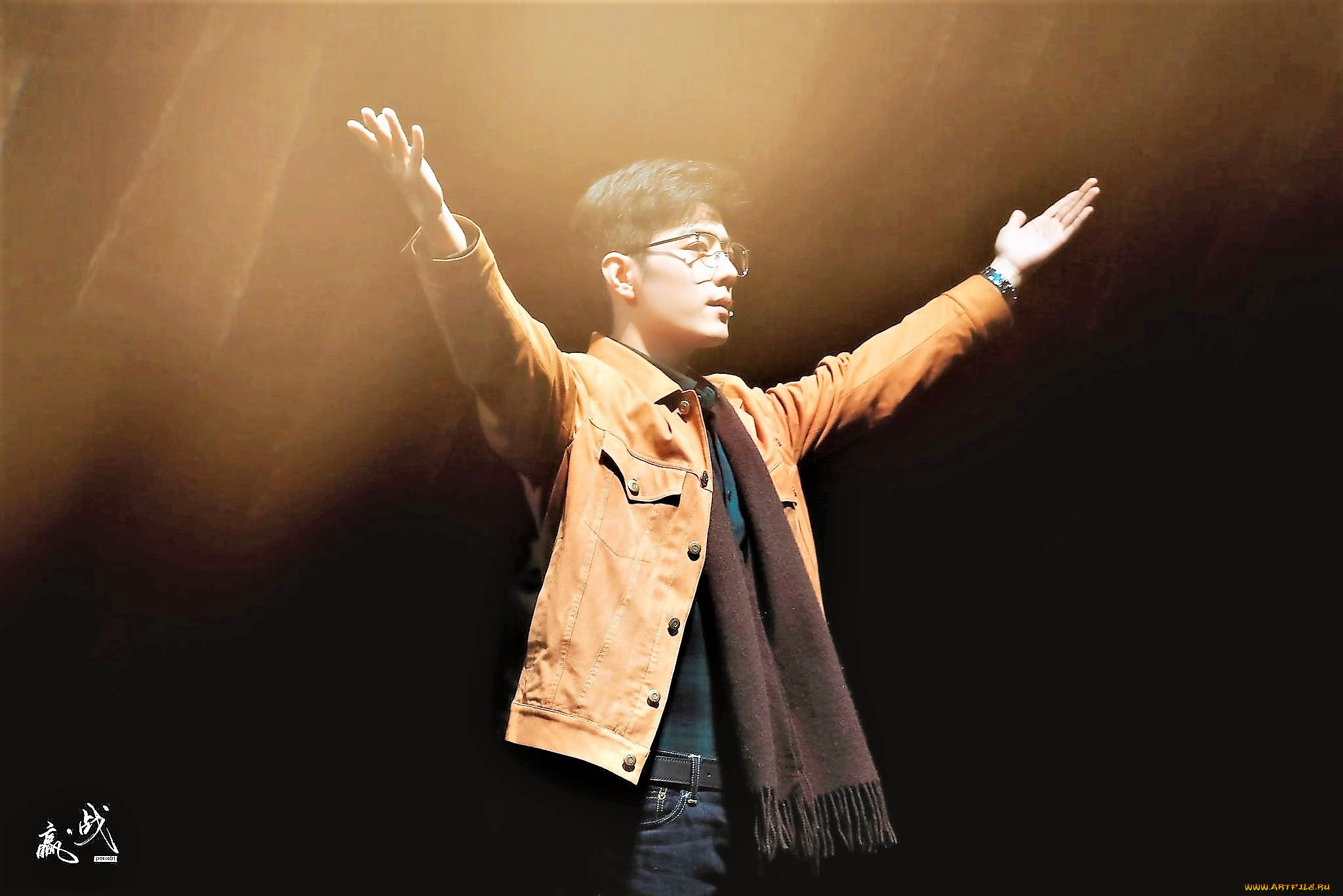 мужчины, xiao, zhan, актер, очки, куртка, шарф, жест