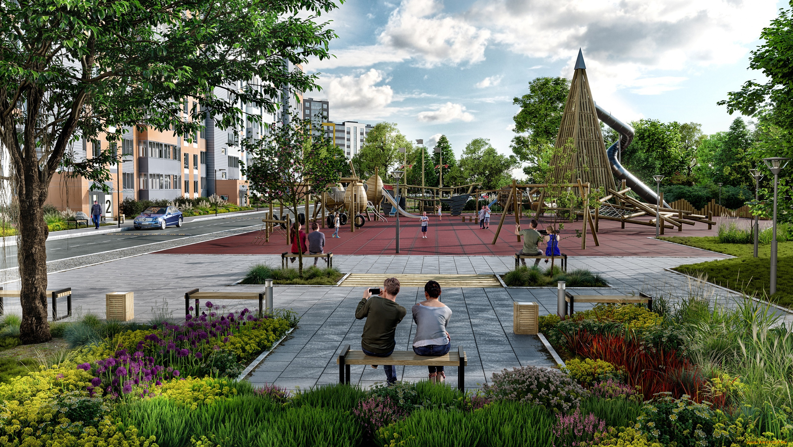 города, -, другое, дома, площадка, дети, пары, цветы