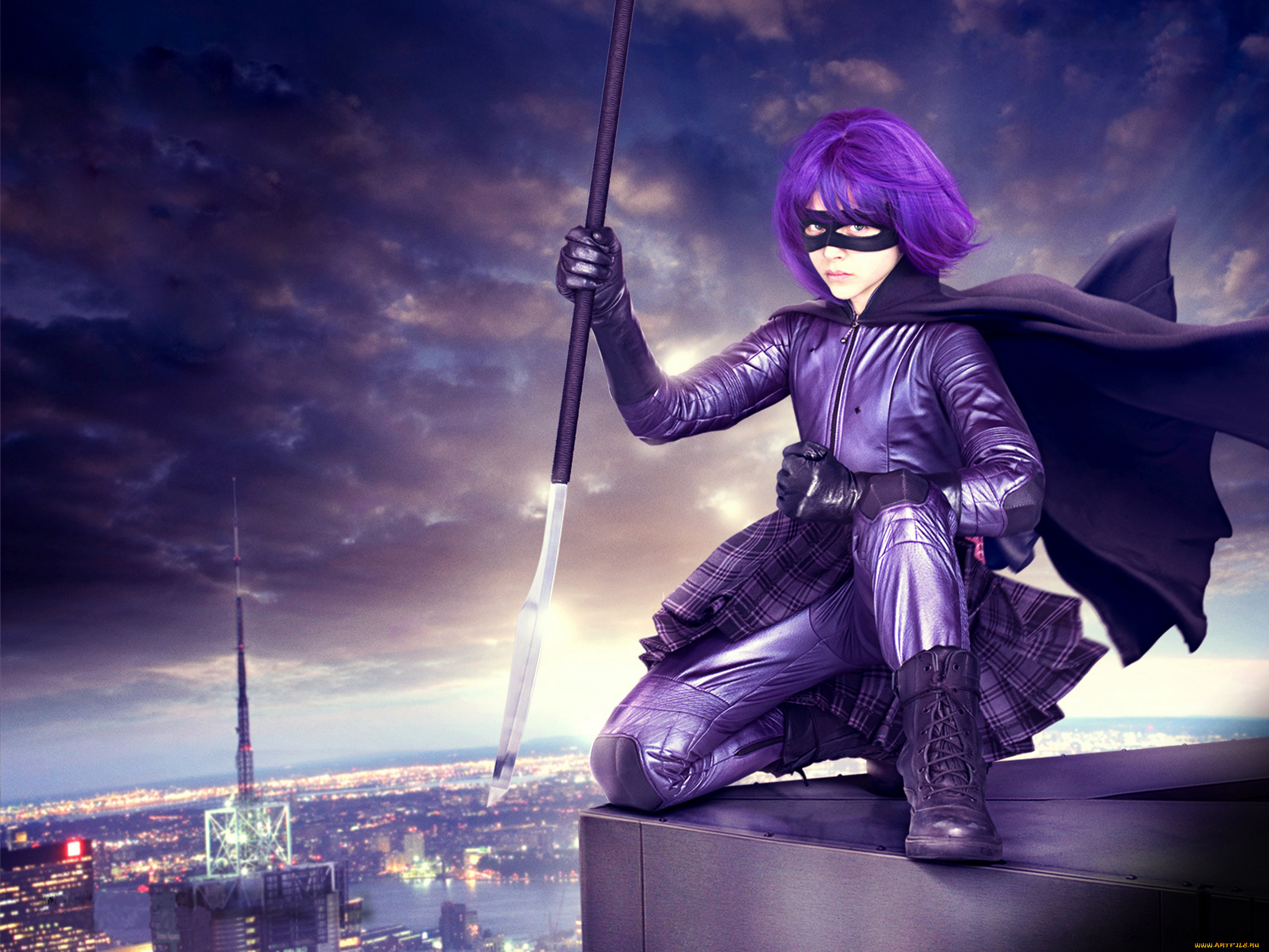 кино, фильмы, kick-ass, девушка, плащ, копье, город