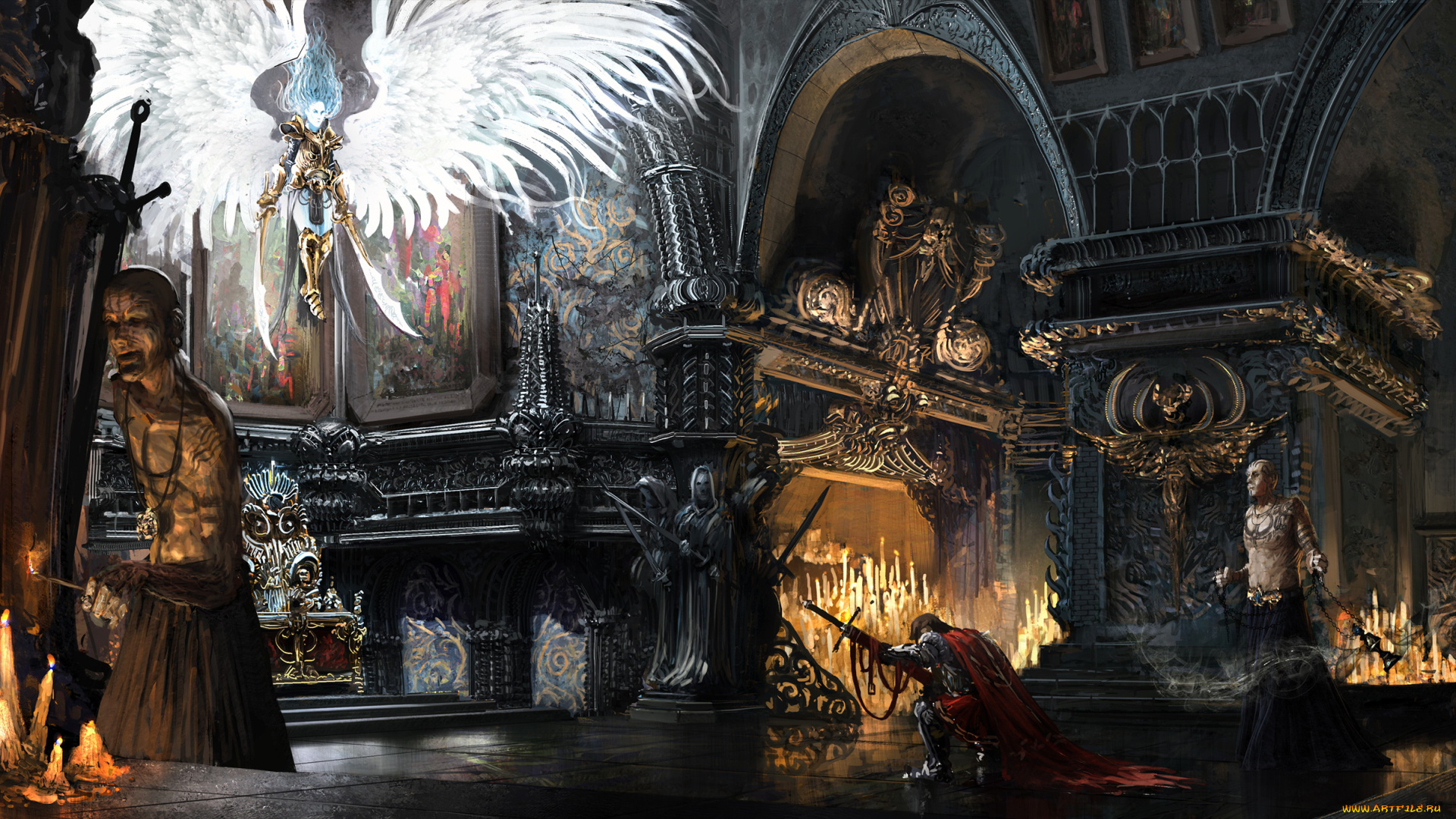 фэнтези, ангелы, ангел, фон, рыцарь, меч, слуги, зал, полет, крылья