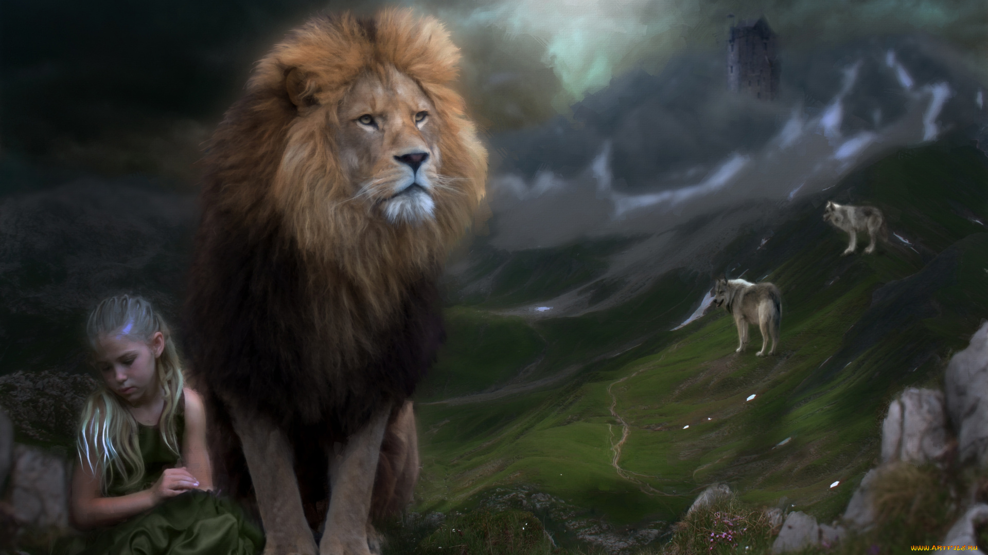 разное, компьютерный, дизайн, девочка, фон, волк, лев