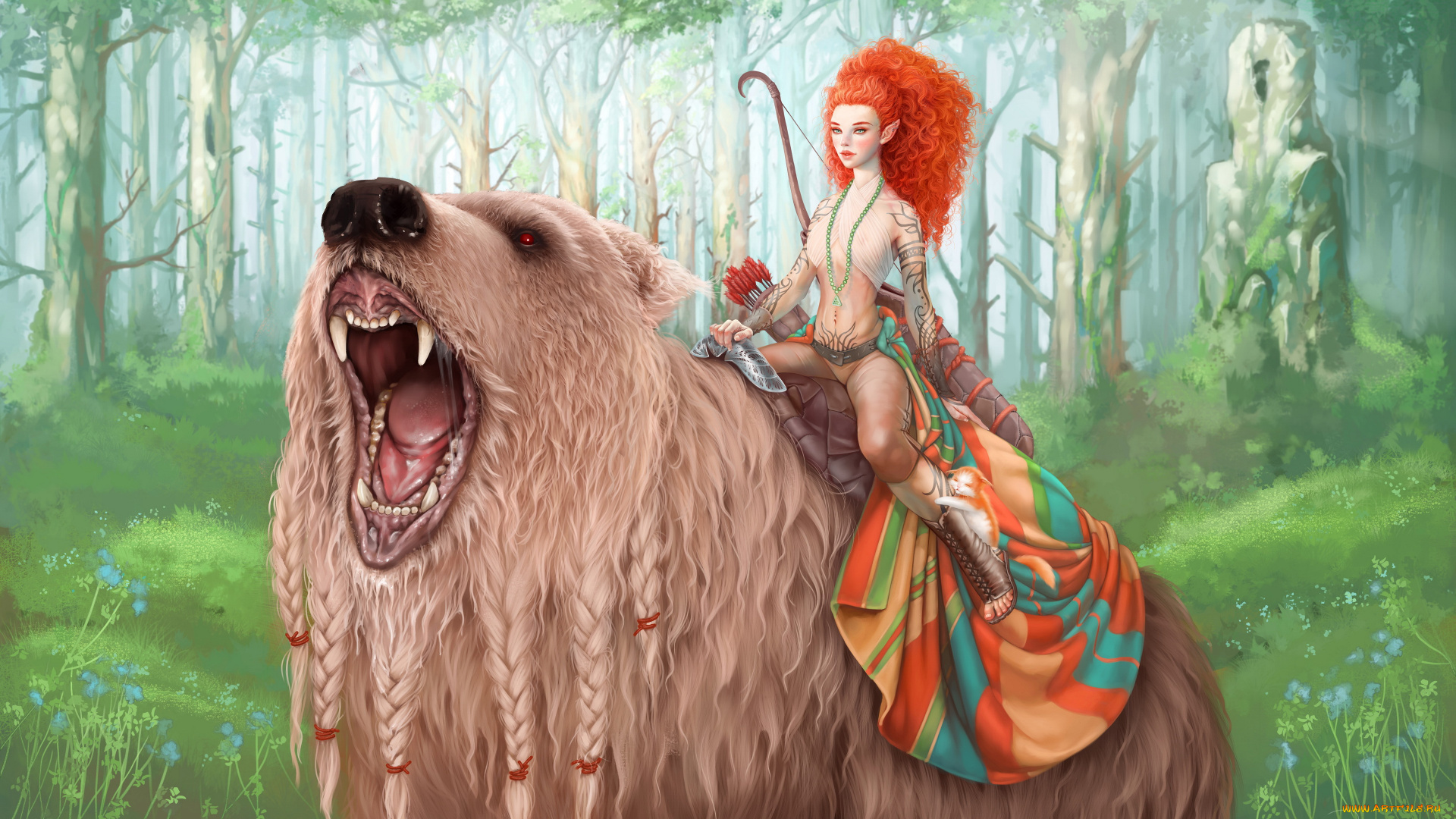 видео, игры, gothic, ii, девушка, фон, езда, медведь, рык, ушки, эльфийка, лук, стрелы, лес