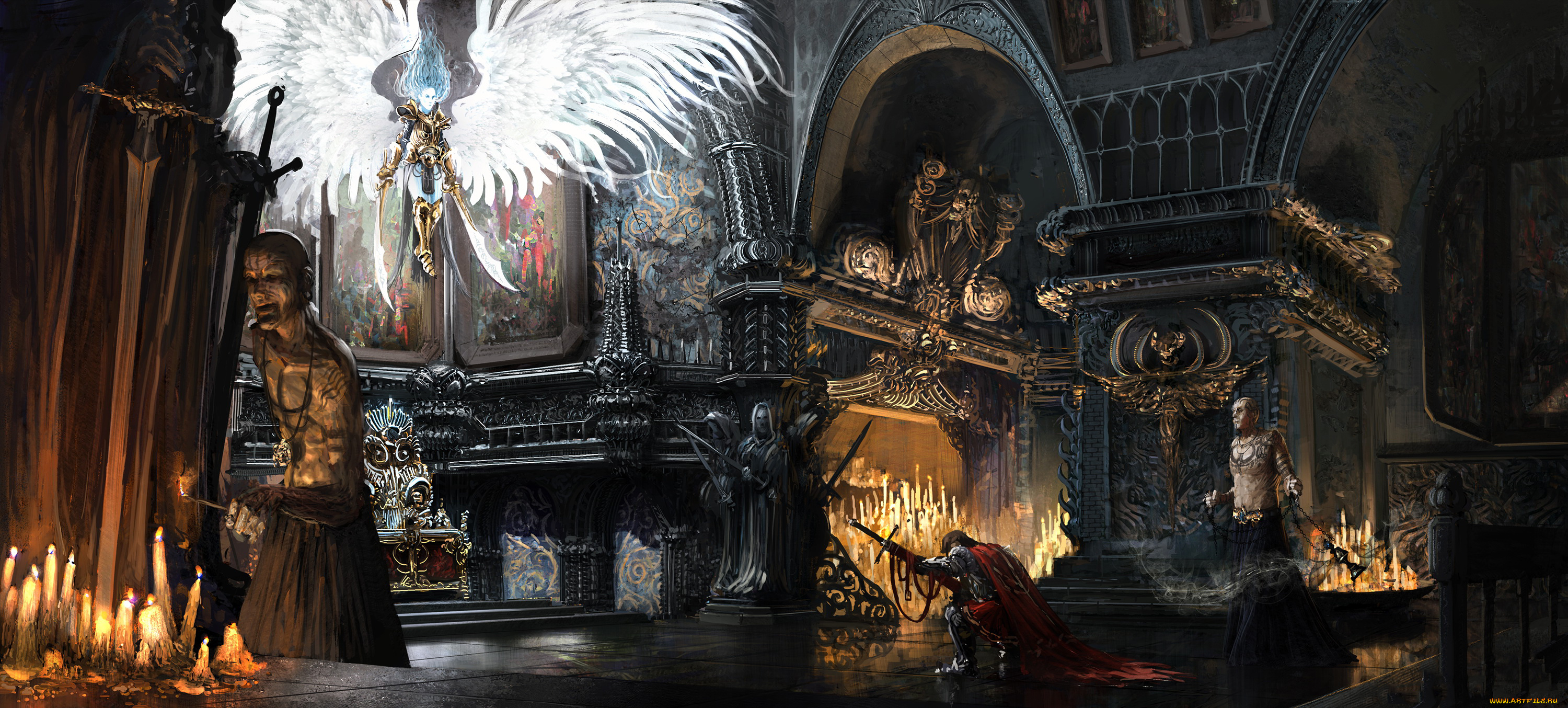 фэнтези, ангелы, ангел, фон, рыцарь, меч, слуги, зал, полет, крылья