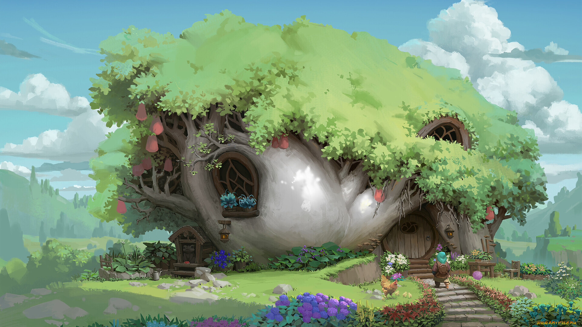 фэнтези, иные, миры, , иные, времена, гном, дом, курица, листва