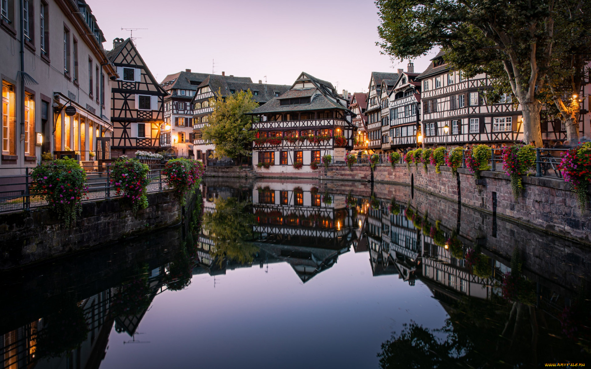 города, страсбург, , франция, канал, дома, вечер, огни