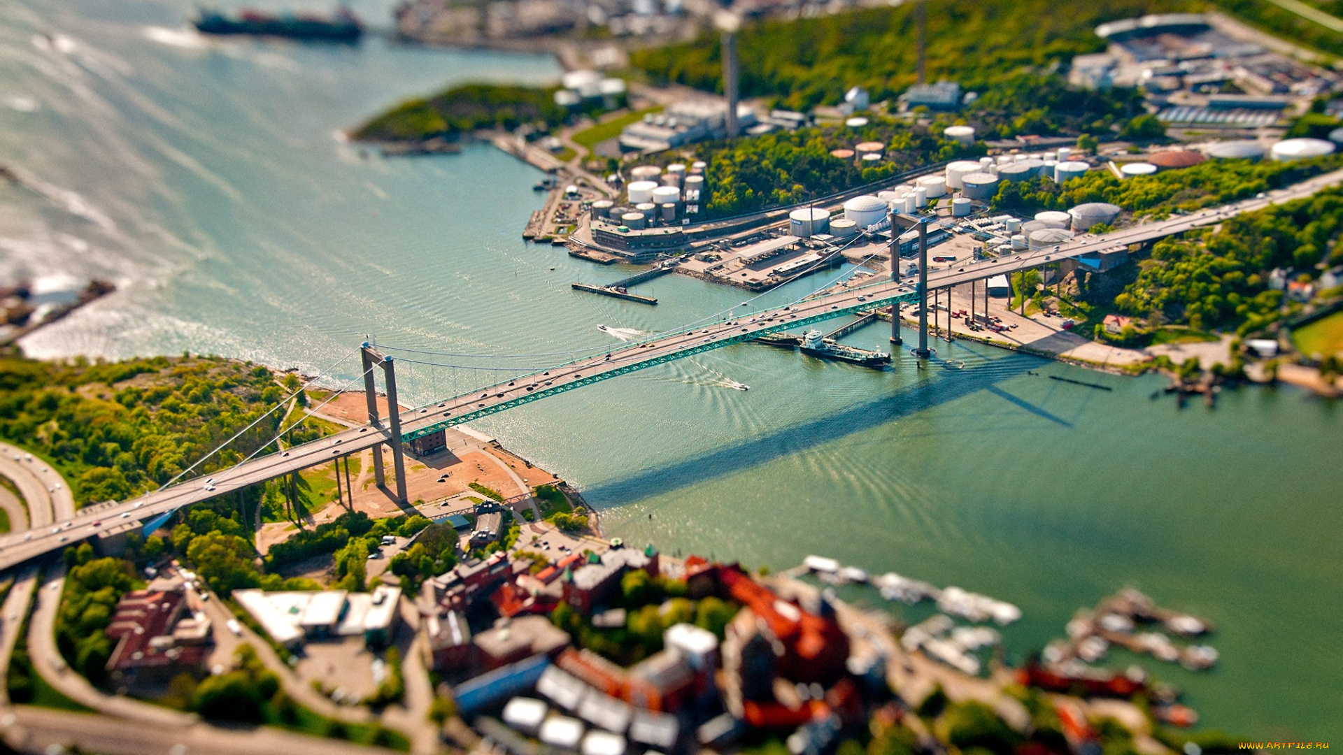 города, -, мосты, наклон, сдвиг, мост, швеция, городской, вид, цифровое, искусство, tilt, shift