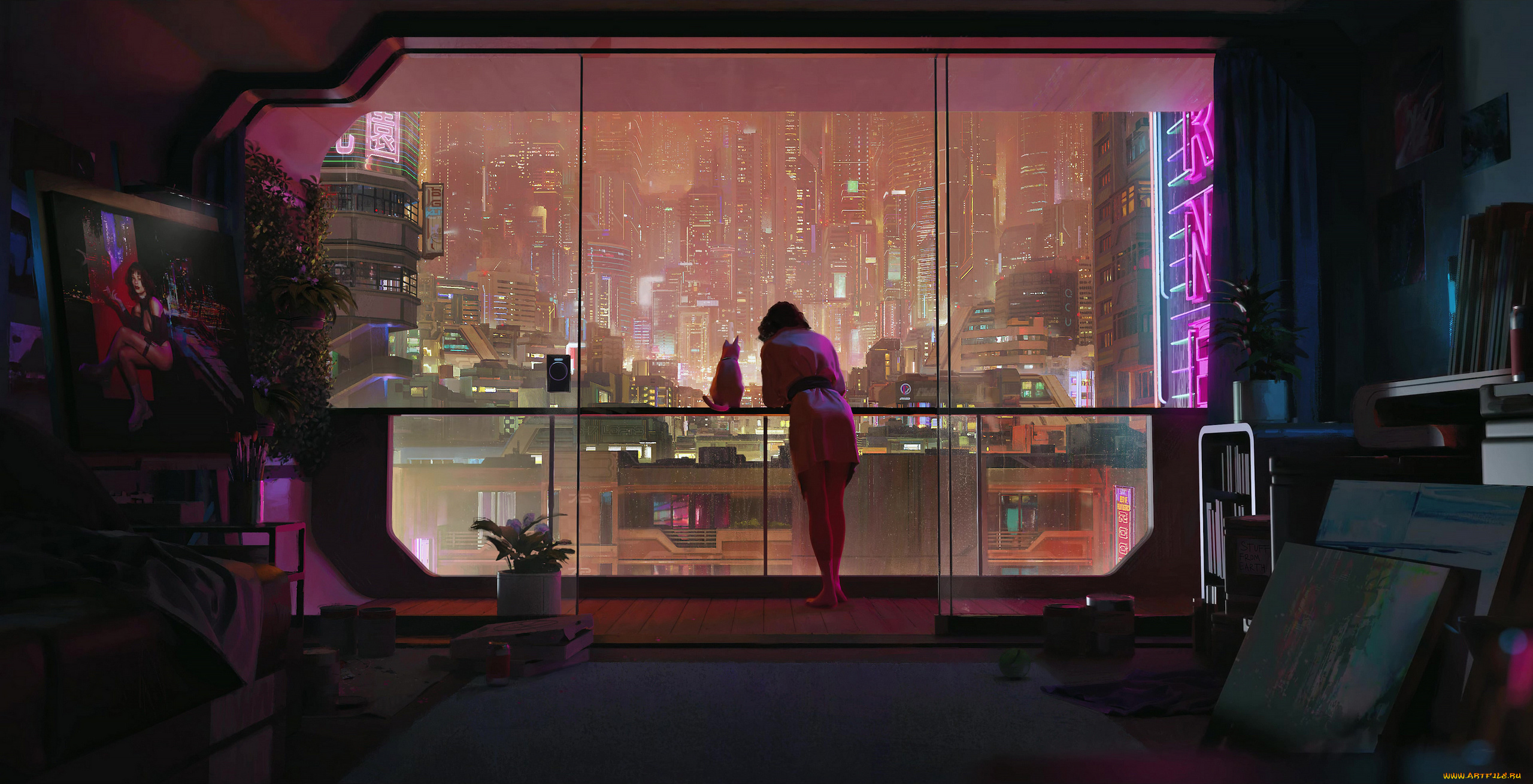фэнтези, иные, миры, , иные, времена, tony, skeor, цифровое, искусство, художественные, работы, иллюстрации, женщины, кошки, животные, интерьер, в, помещении, город, городские, огни, окно, неоновая, вывеска, архитектура, длинные, волосы, темные, футуристический