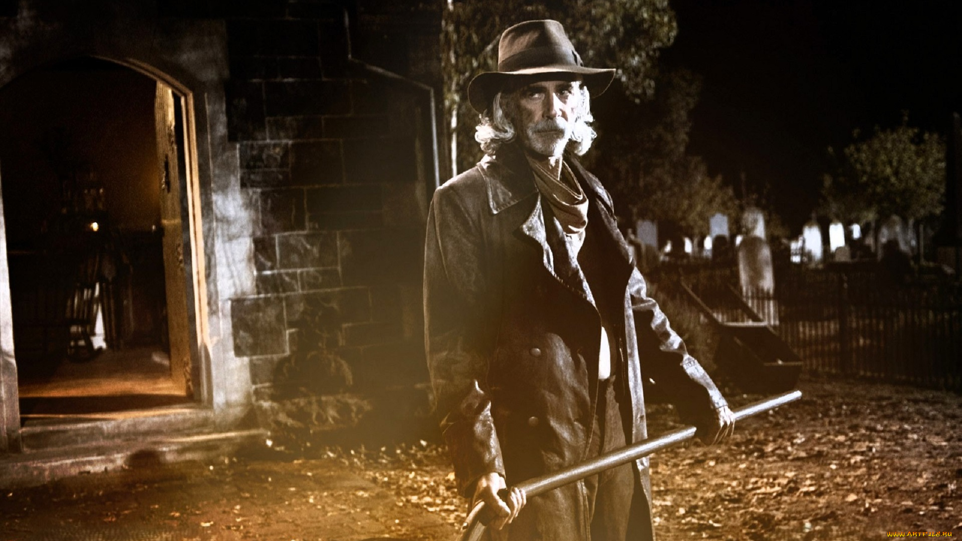 кино, фильмы, ghost, rider, старик, шляпа, плащ, лопата, кладбище
