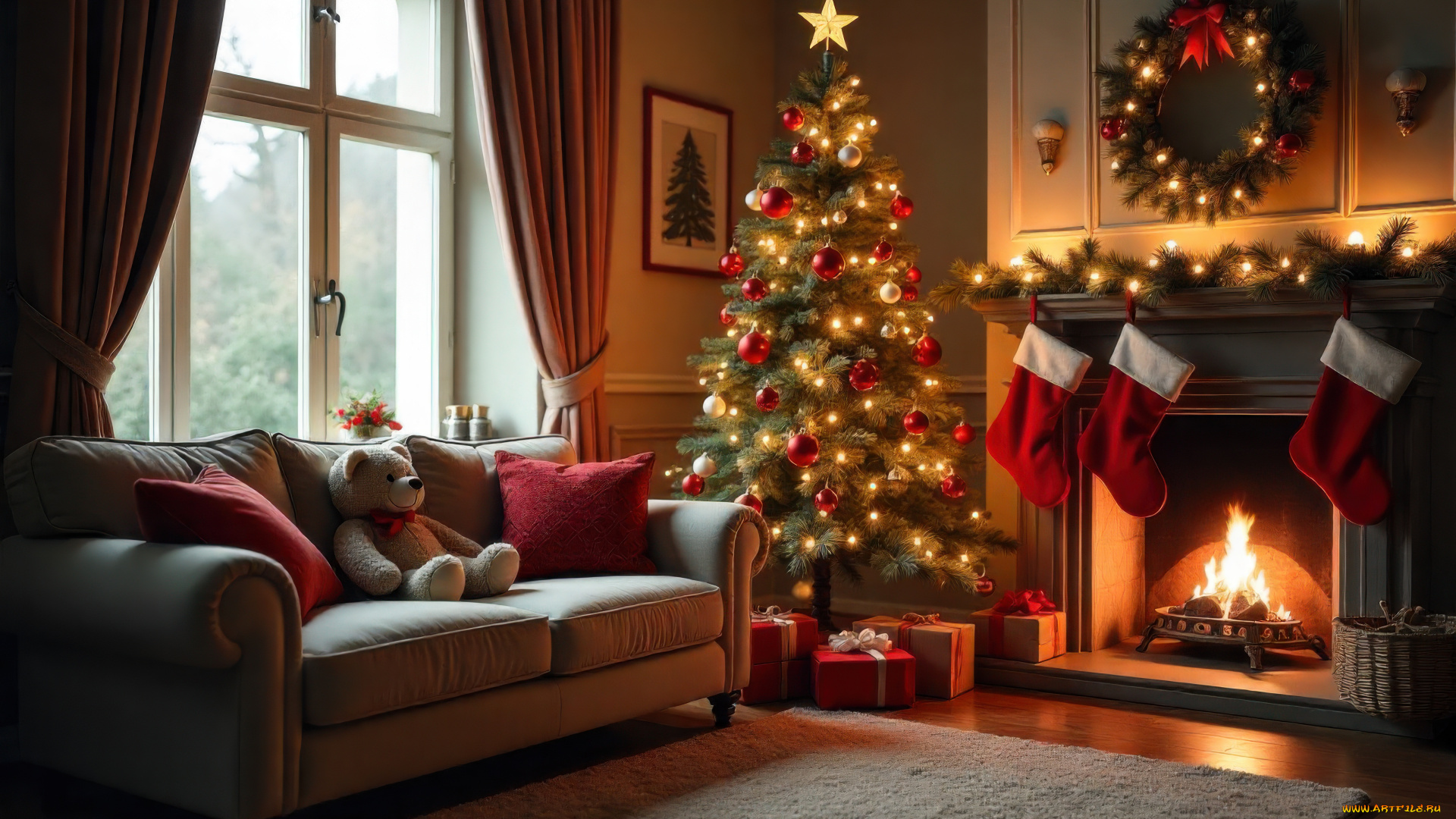 праздничные, новогодний, очаг, новогодняя