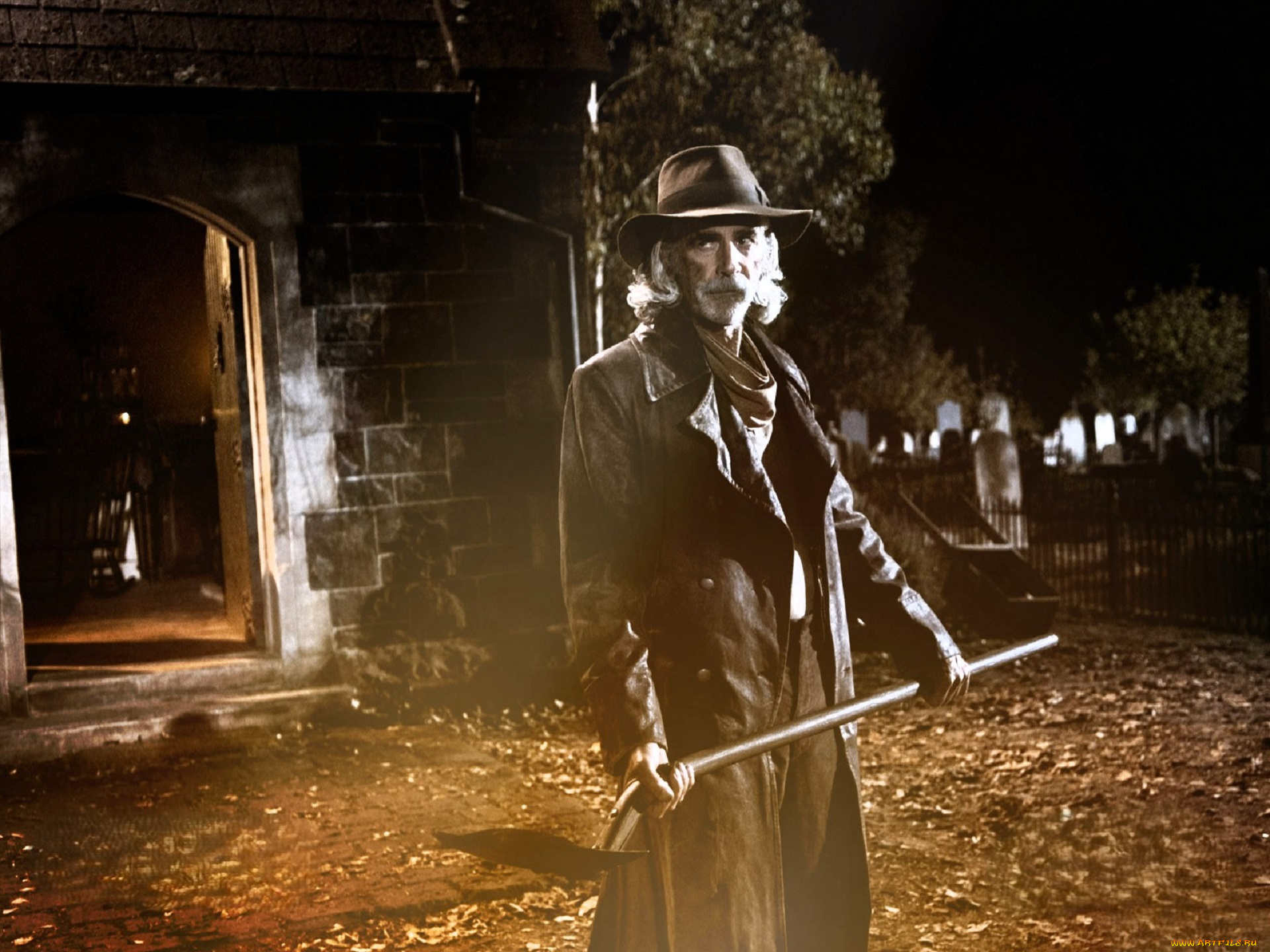 кино, фильмы, ghost, rider, старик, шляпа, плащ, лопата, кладбище