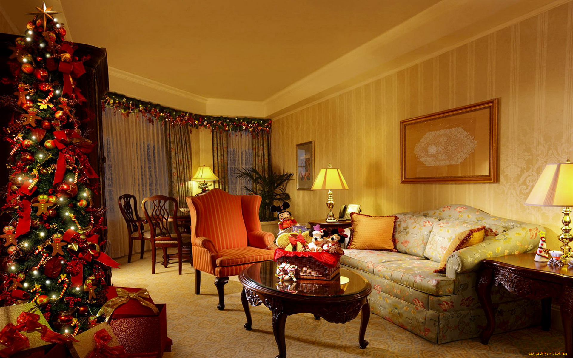 праздничные, Ёлки, комната, подарки, украшения, елка