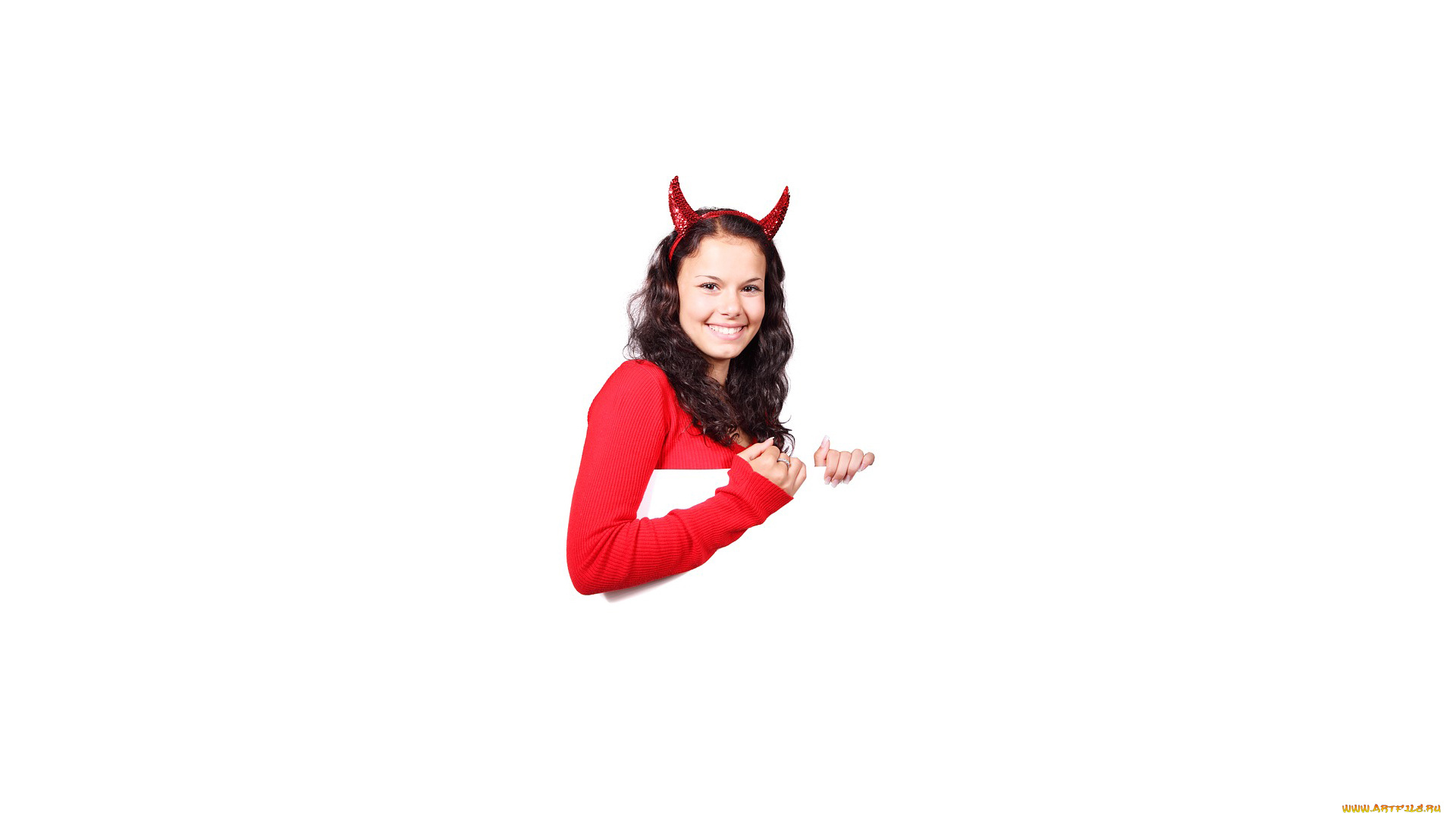 -Unsort, Брюнетки, Шатенки, девушка, рожками, девушки, unsort, брюнетки, шатенки, белый, фон, рога, рожки, красный, улыбка