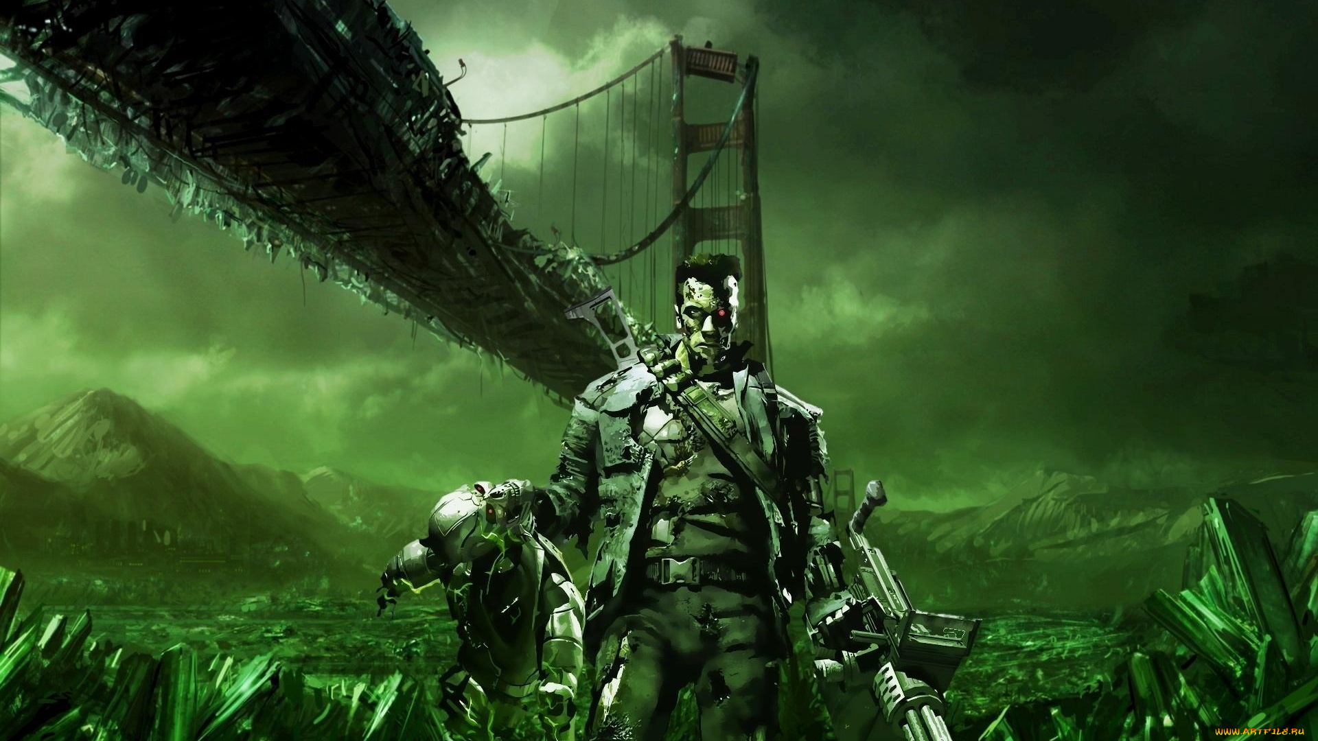 терминатор, фэнтези, роботы, киборги, механизмы, мост, разрушения