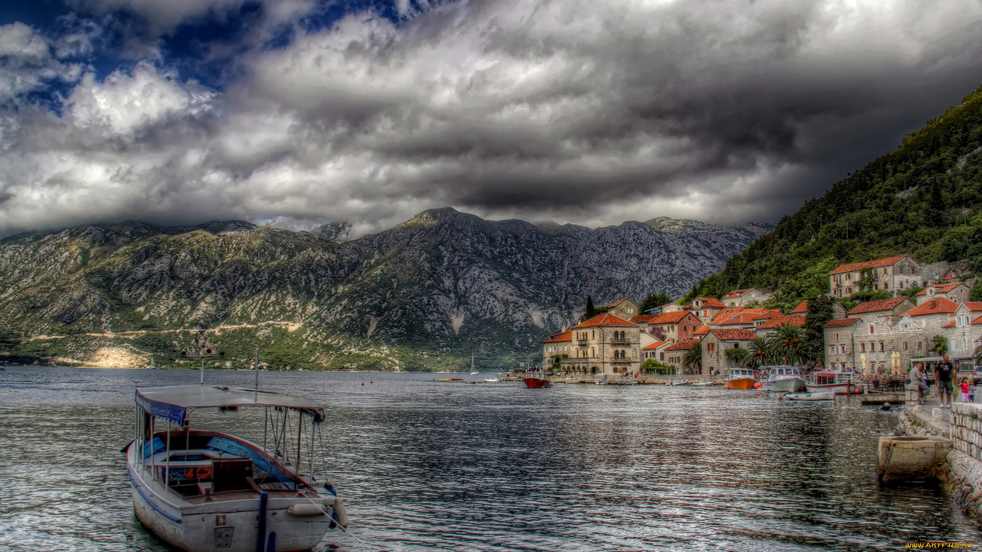 Черногория, perast, города, -, пейзажи, побережье, катер, Черногория, perast, дома