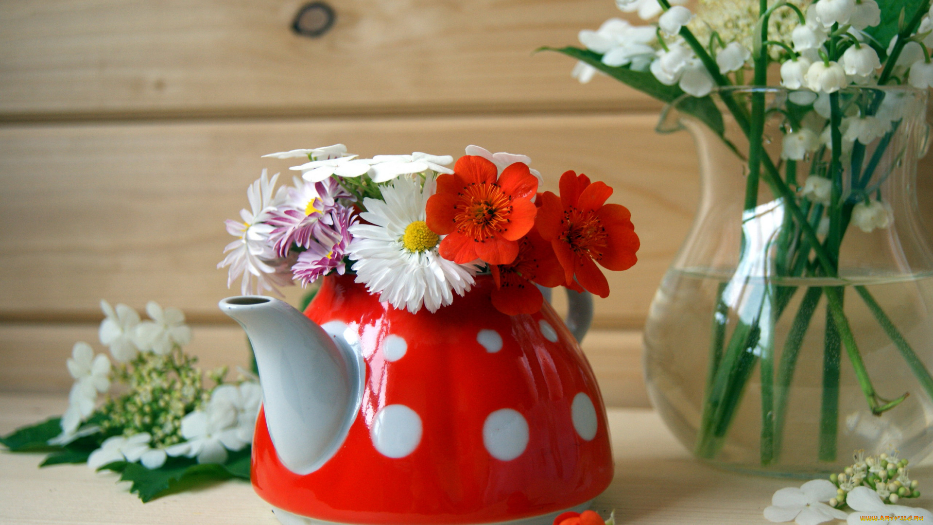 цветы, разные, вместе, гортензия, ландыши, кувшин, заварник