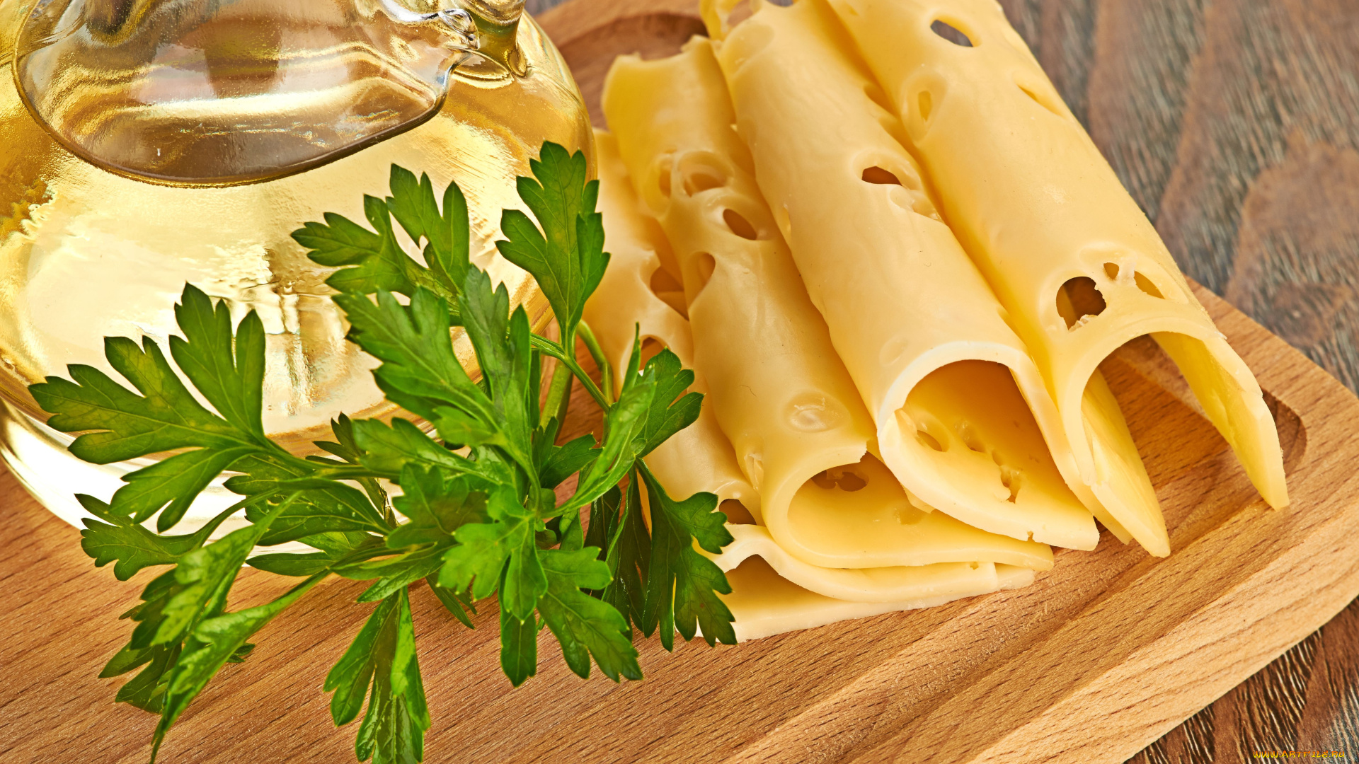 еда, разное, сыр, ломтики, петрушка, масло