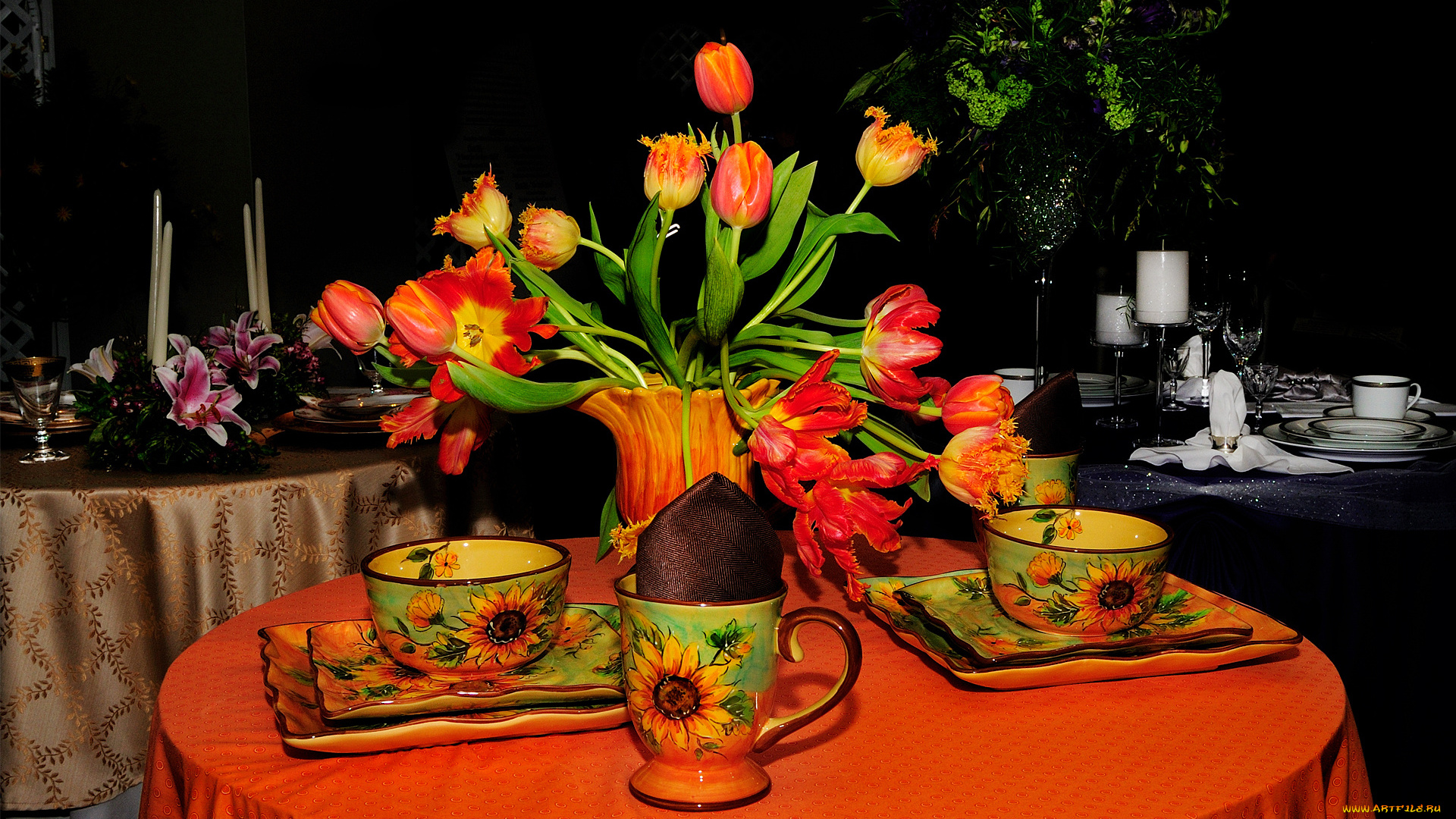 интерьер, декор, , отделка, , сервировка, столы, сервировка, свечи, тюльпаны