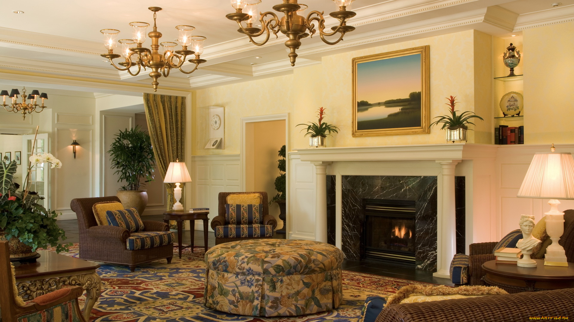 интерьер, гостиная, камин, люстра, дизайн, комната
