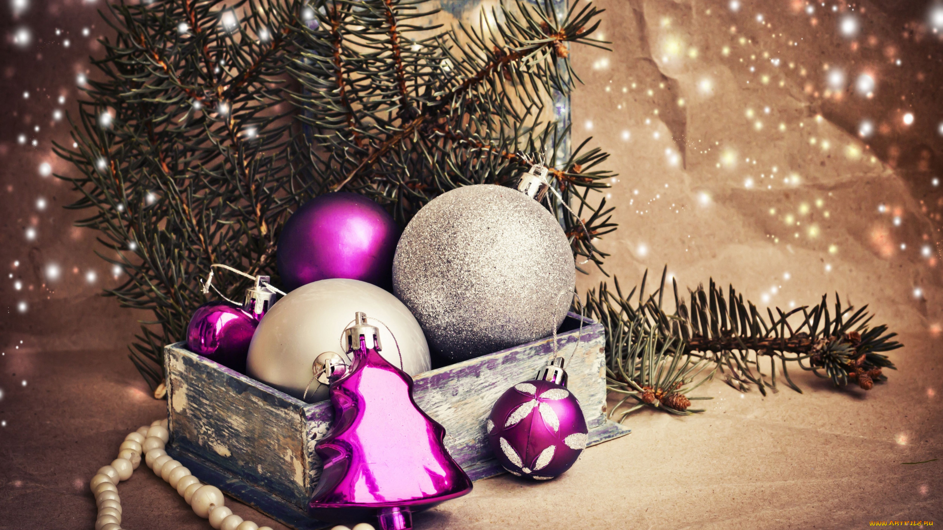 праздничные, украшения, ветка, шарики, игрушки, бусы, коробка