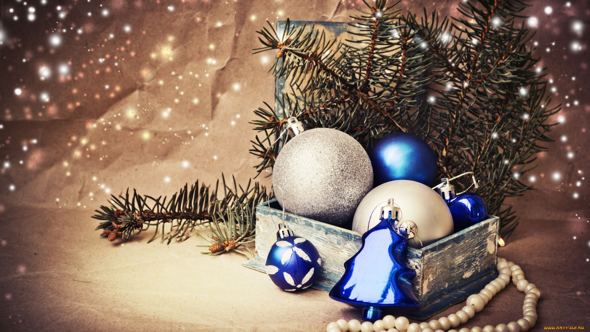 праздничные, украшения, ветка, шарики, игрушки, бусы, коробка