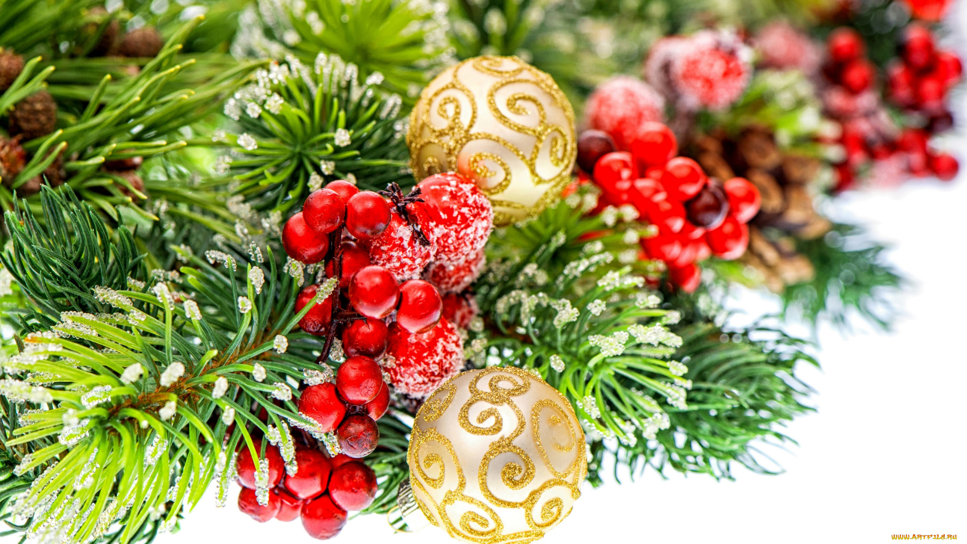 праздничные, украшения, ветка, шарики, ягоды