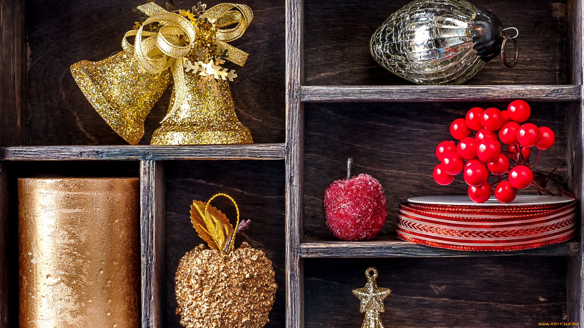 праздничные, украшения, ящик, колокольчики, свеча, лента