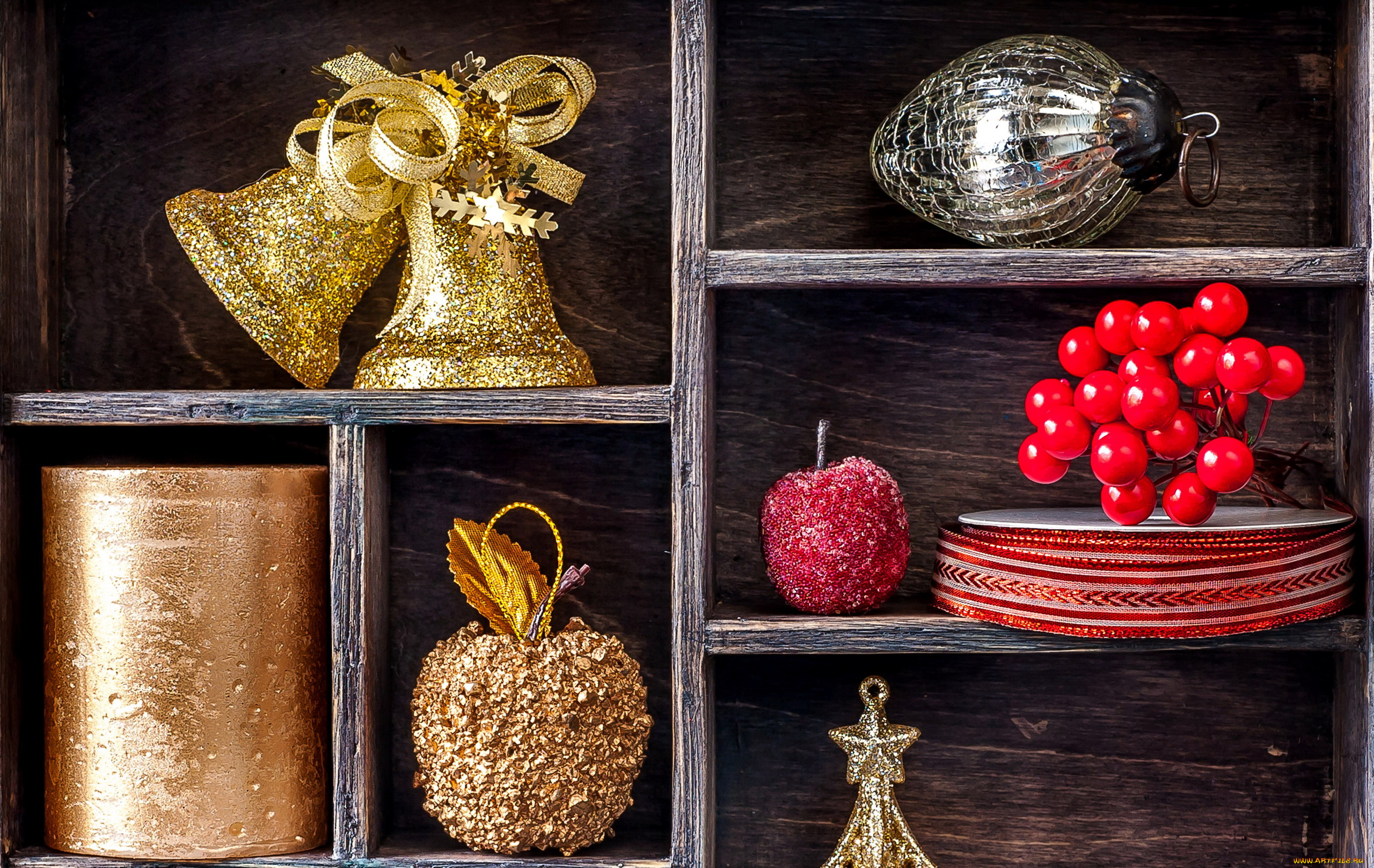 праздничные, украшения, ящик, колокольчики, свеча, лента