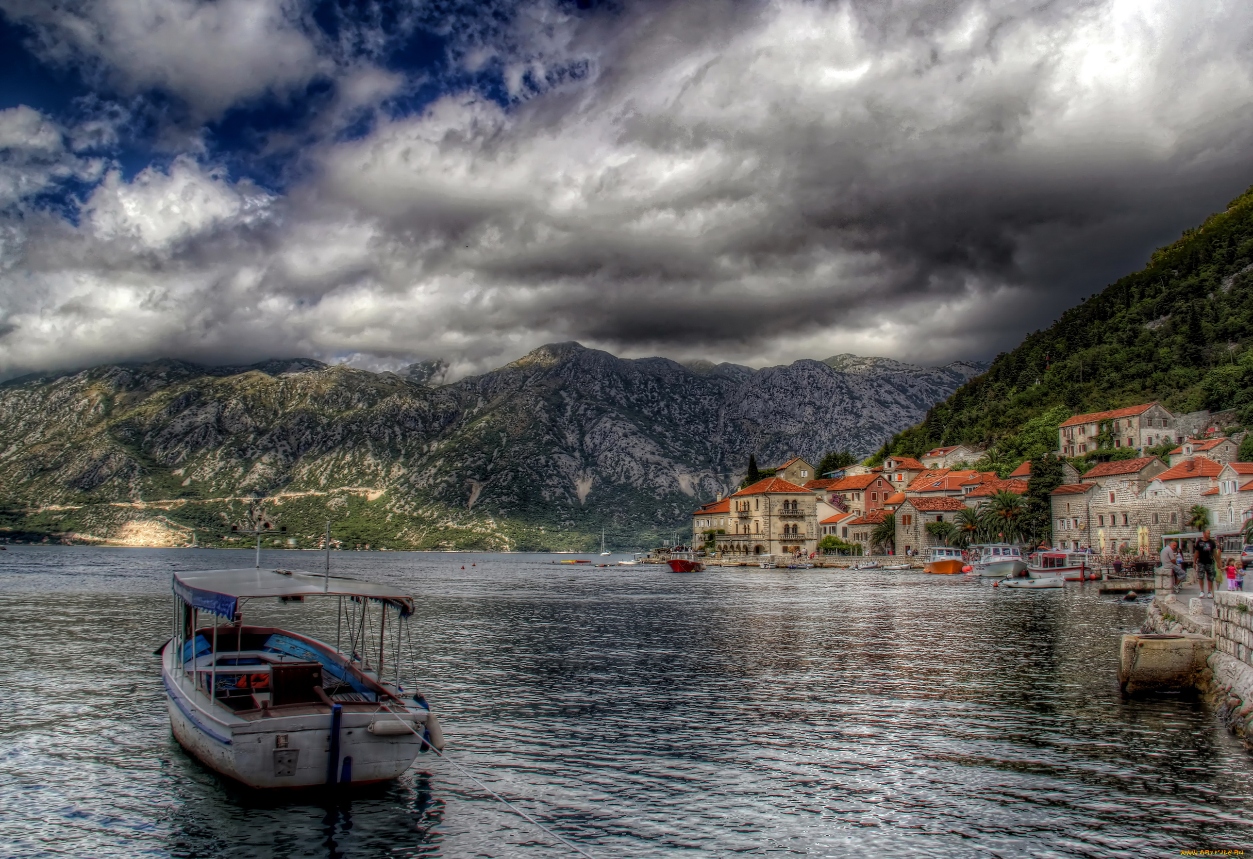 Черногория, perast, города, -, пейзажи, побережье, катер, Черногория, perast, дома