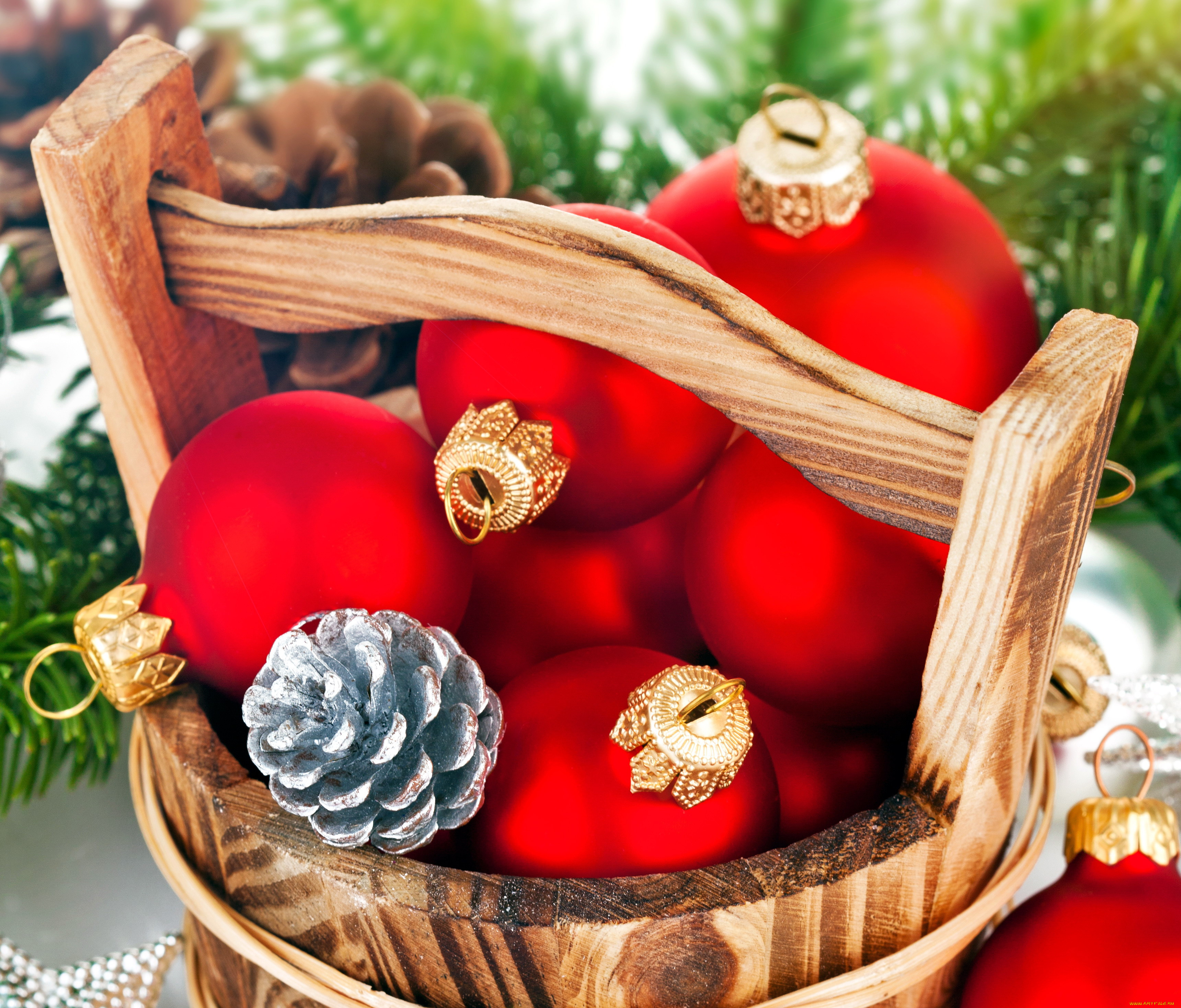 праздничные, шарики, ведро, шишки, алый