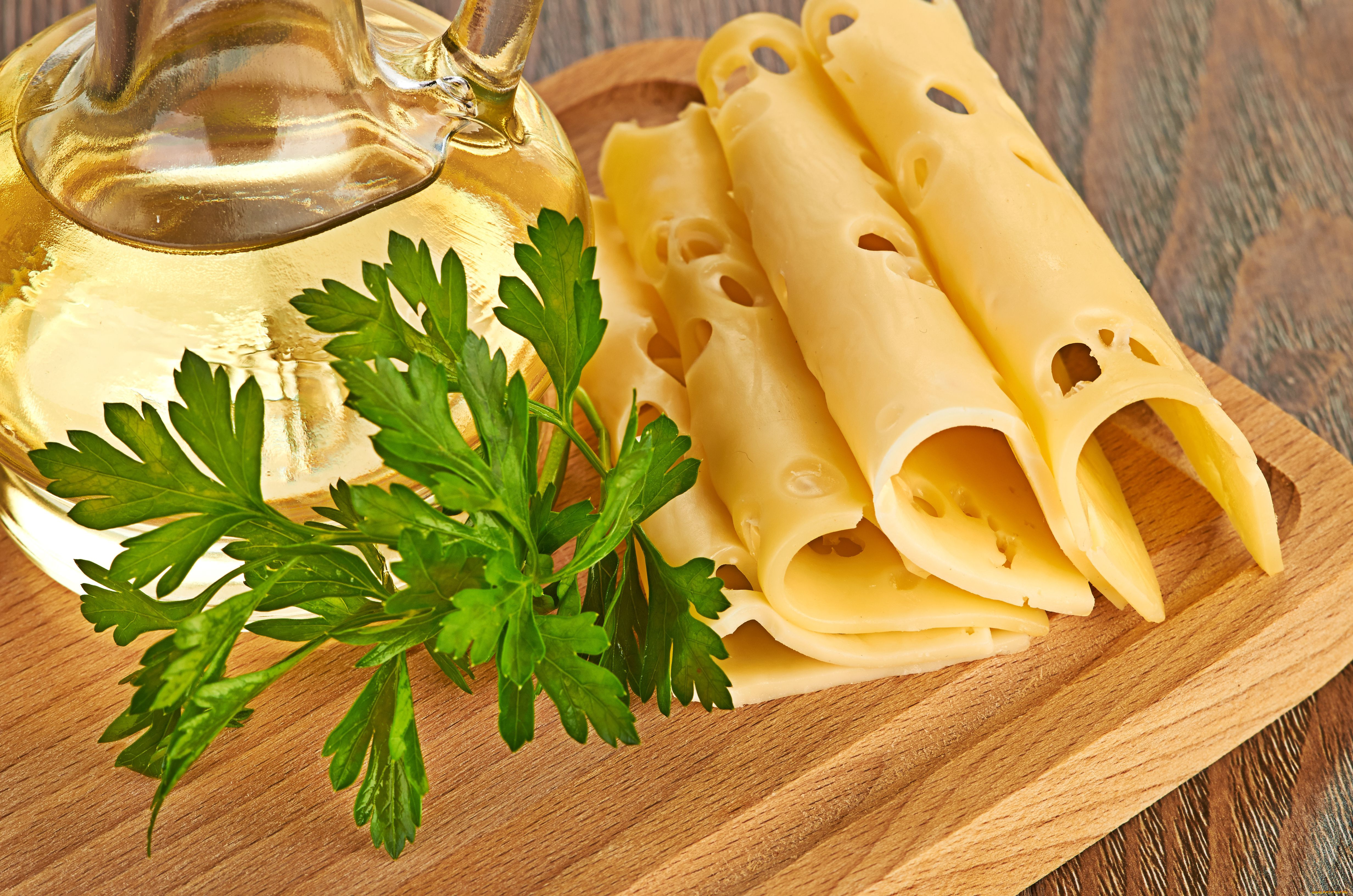 еда, разное, сыр, ломтики, петрушка, масло