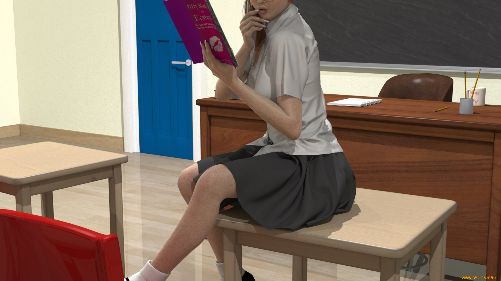 3д, графика, люди, , people, девушка, взгляд, фон, книга, стол, стулья, доска