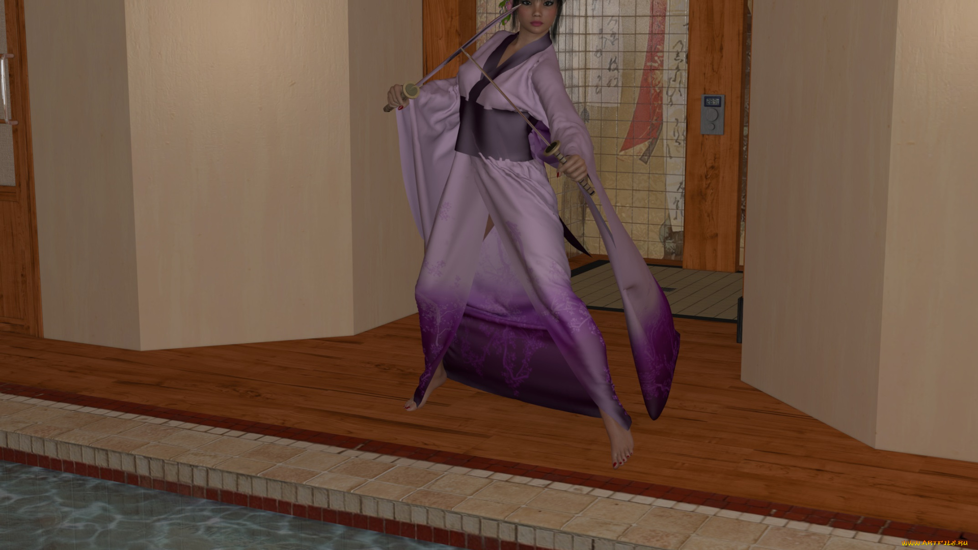 3д, графика, люди, , people, девушка, взгляд, фон, кимоно, катанна, венок, бассейн, поза