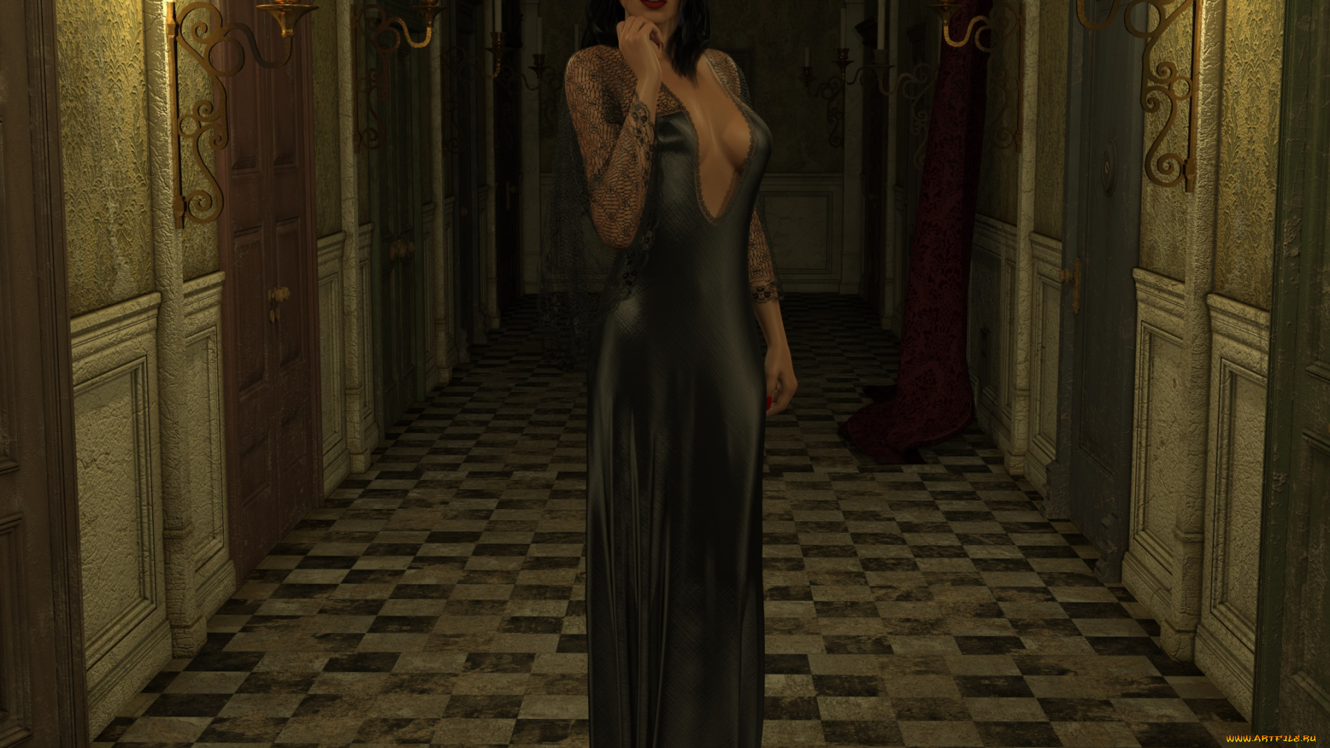 3д, графика, люди, , people, фон, взгляд, девушка, свечи, коридор