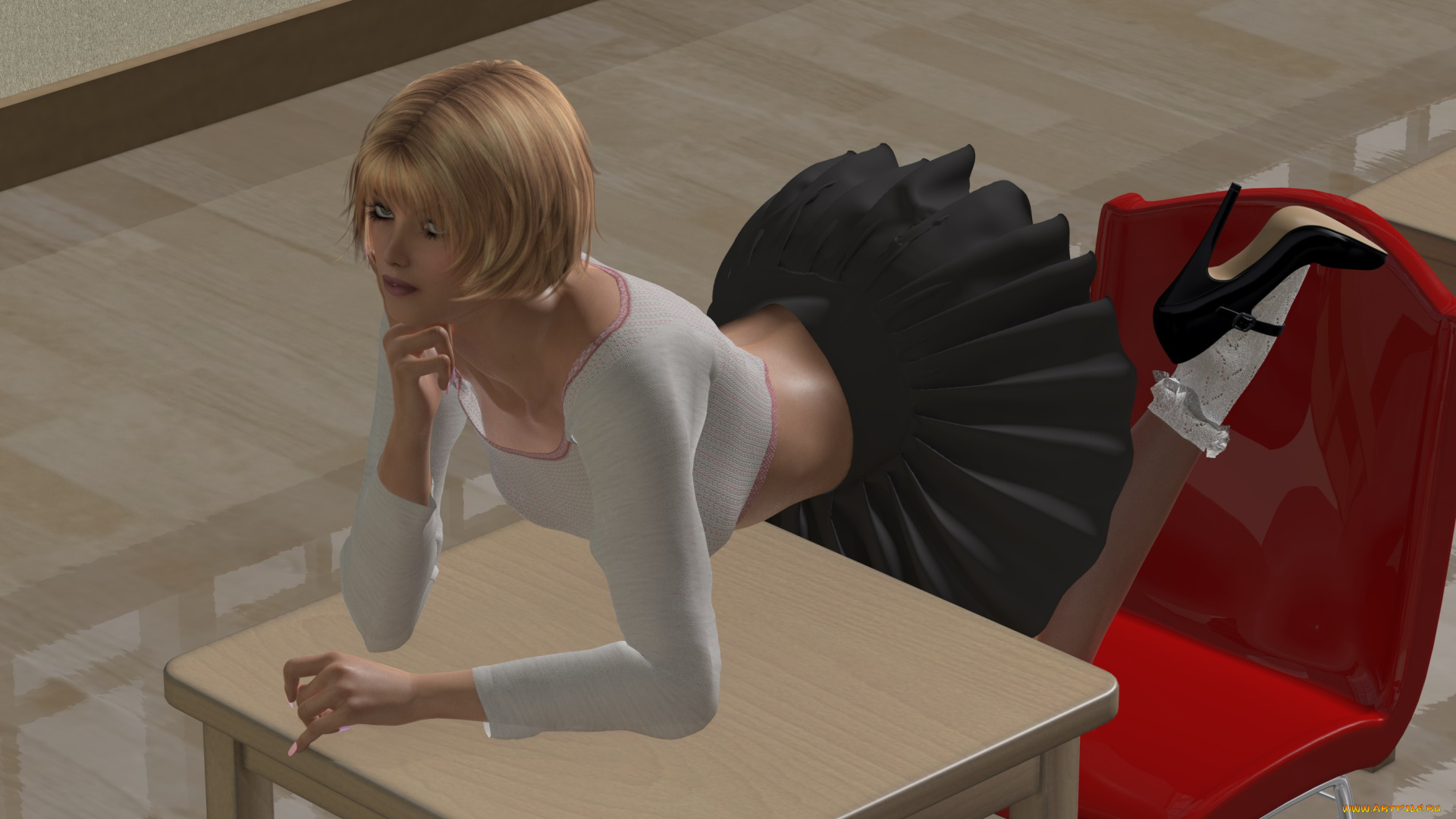 3д, графика, люди, , people, фон, взгляд, юбка, стул, стол, девушка